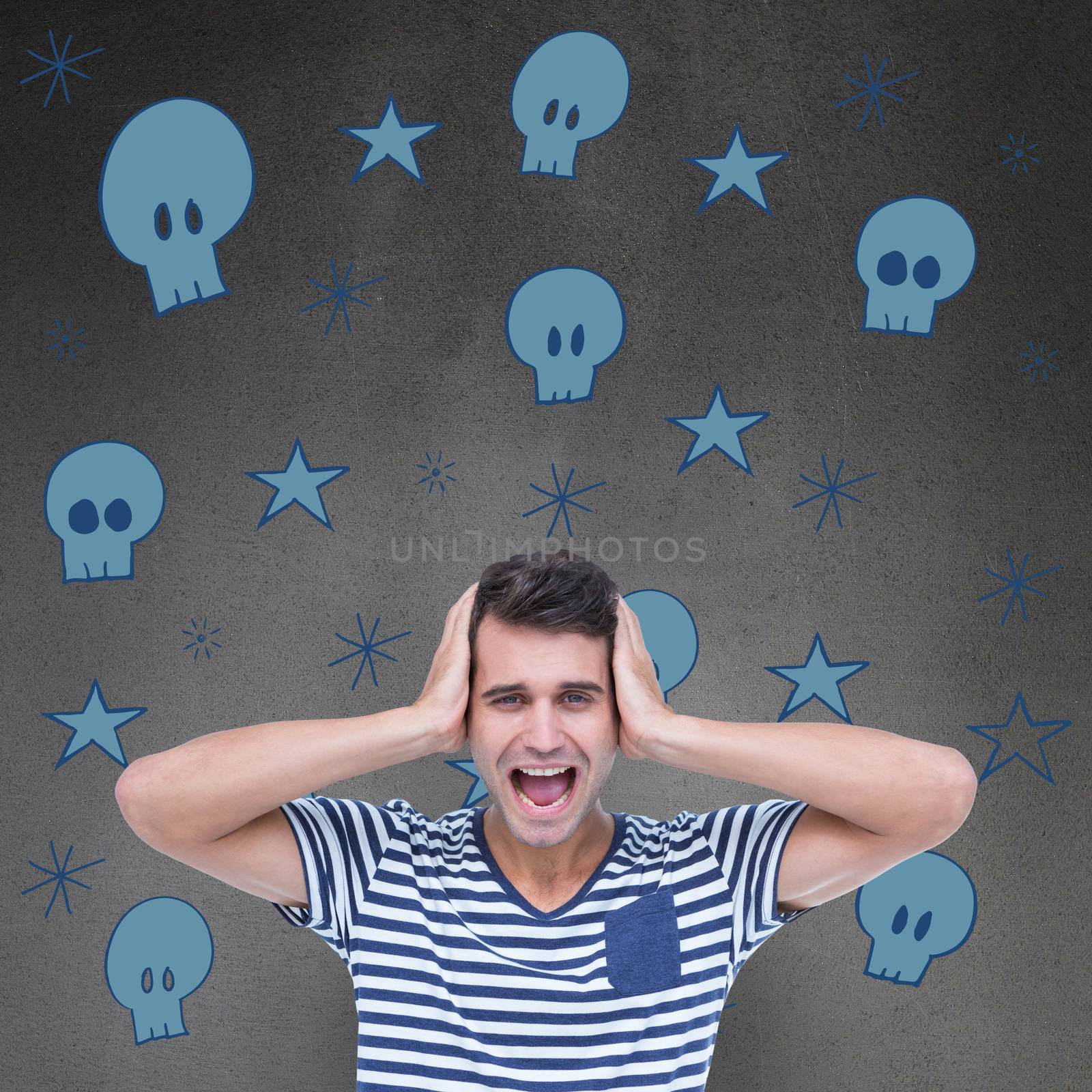 Composite image of handsome man screaming while covering ears by Wavebreakmedia
