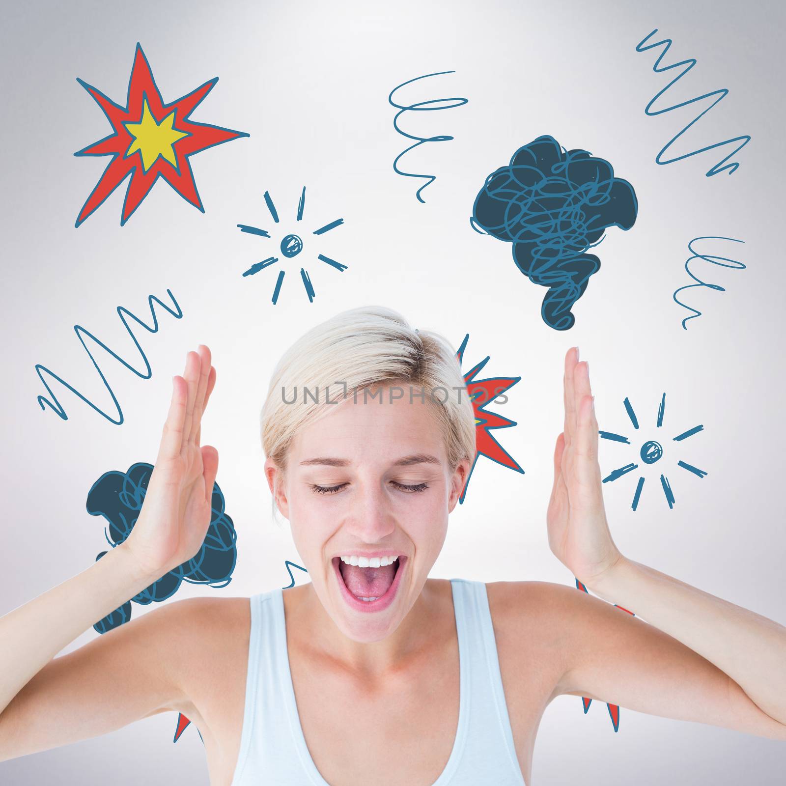 Happy blonde woman screaming with hands up against grey background