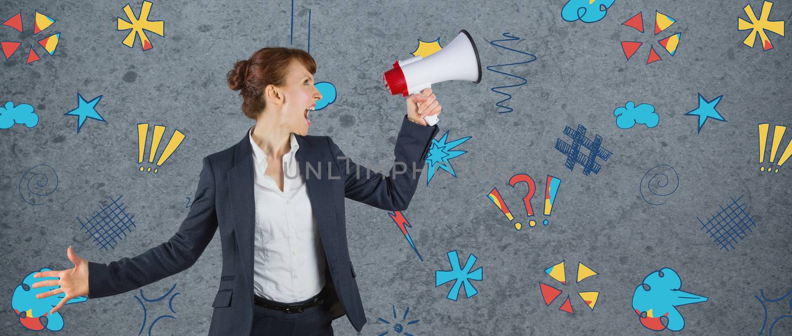 Businesswoman with loudspeaker against dirty old wall background