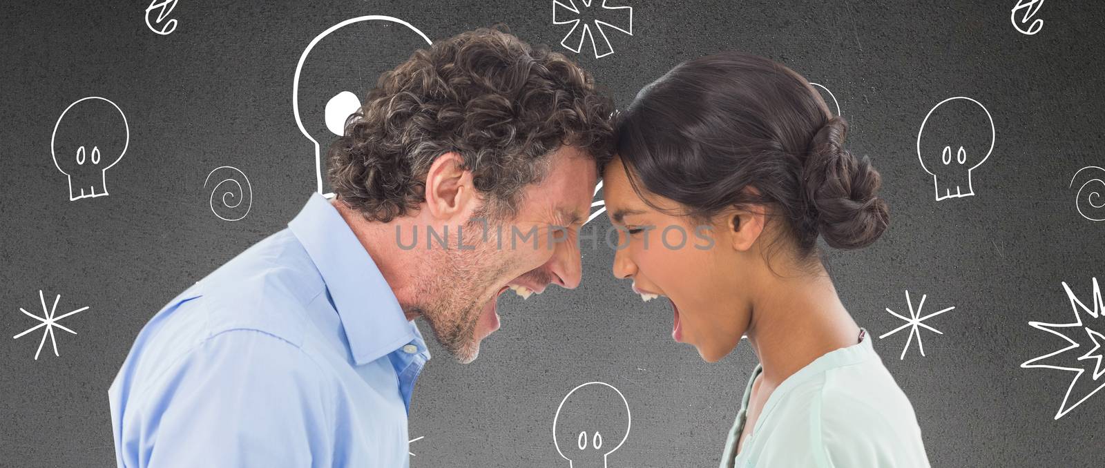 Angry business people shouting at each other over white background against grey room