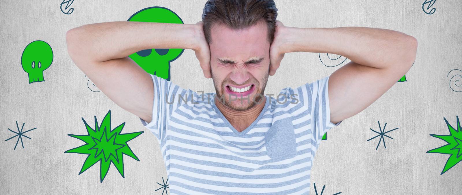 Composite image of handsome casual man screaming with hand on ears  by Wavebreakmedia