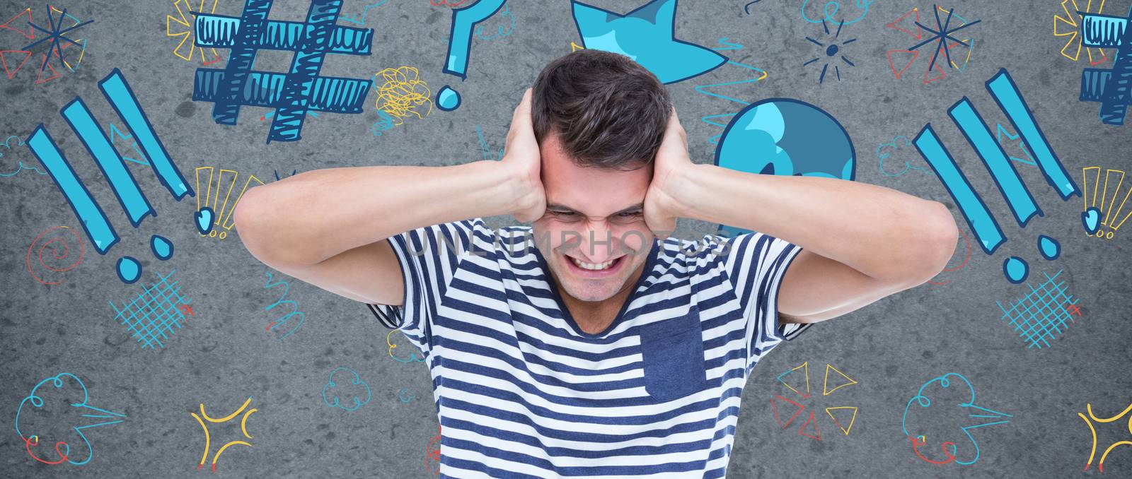 Frustrated man covering ears against dirty old wall background