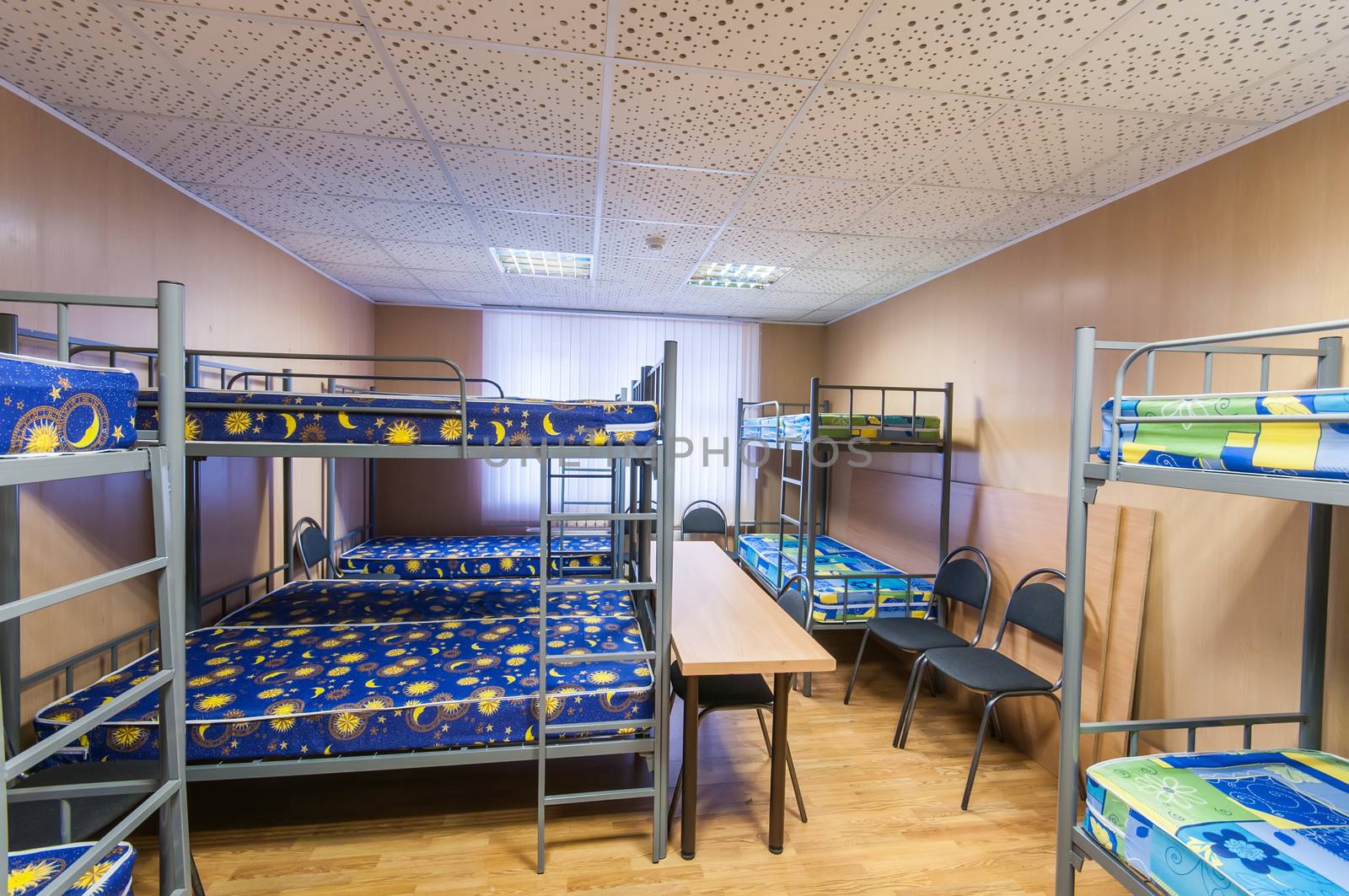 bunk metal beds in clean hostel room