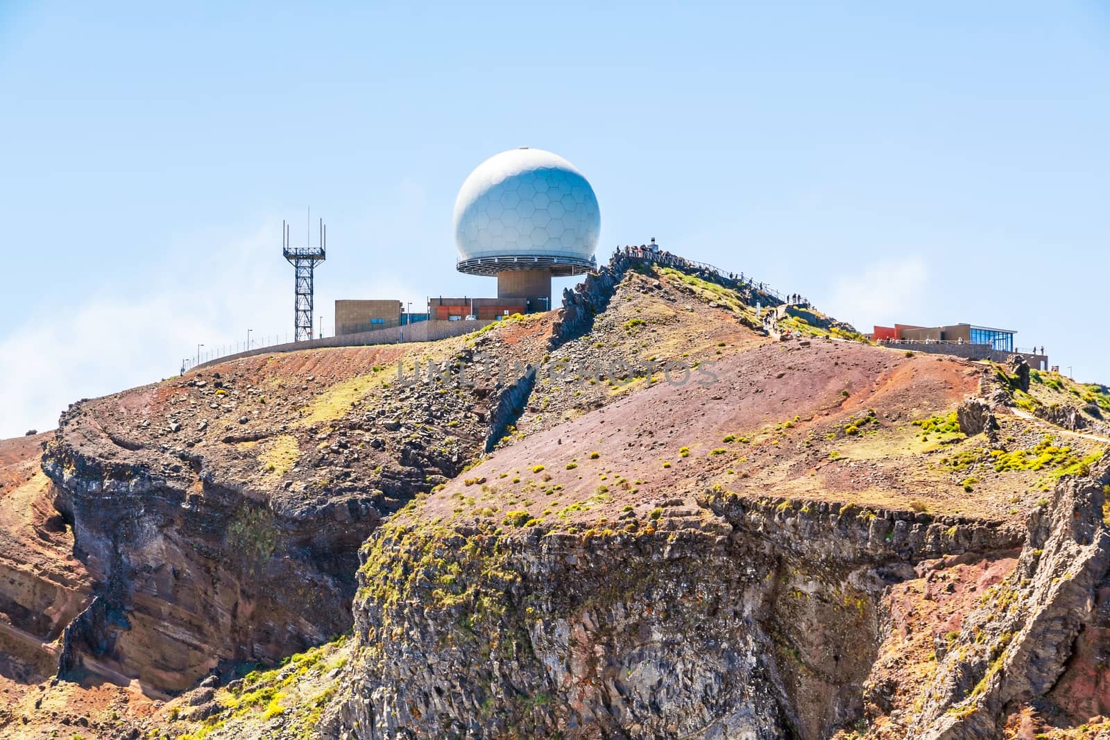 Madeira, Portugal - June 6, 2013: Pico do Arieiro, the 3rd highest mountain of Madeira, Portugal with impressive radar station globe.