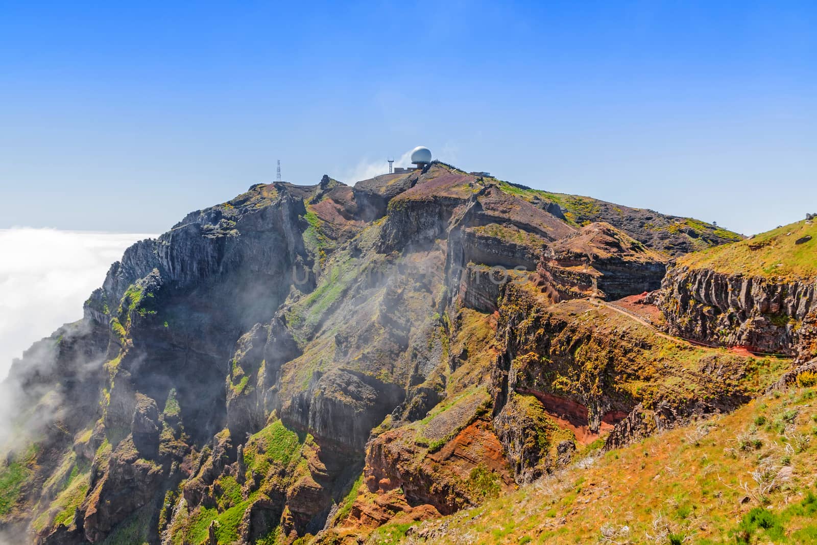 Pico do Arieiro, the 3rd highest mountain of Madeira, Portugal with impressive radar station globe.