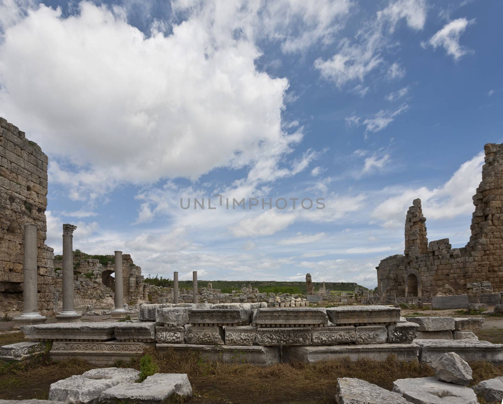 Ancient Ruins of Perga with Sky and Hellenistic Gates on the Right