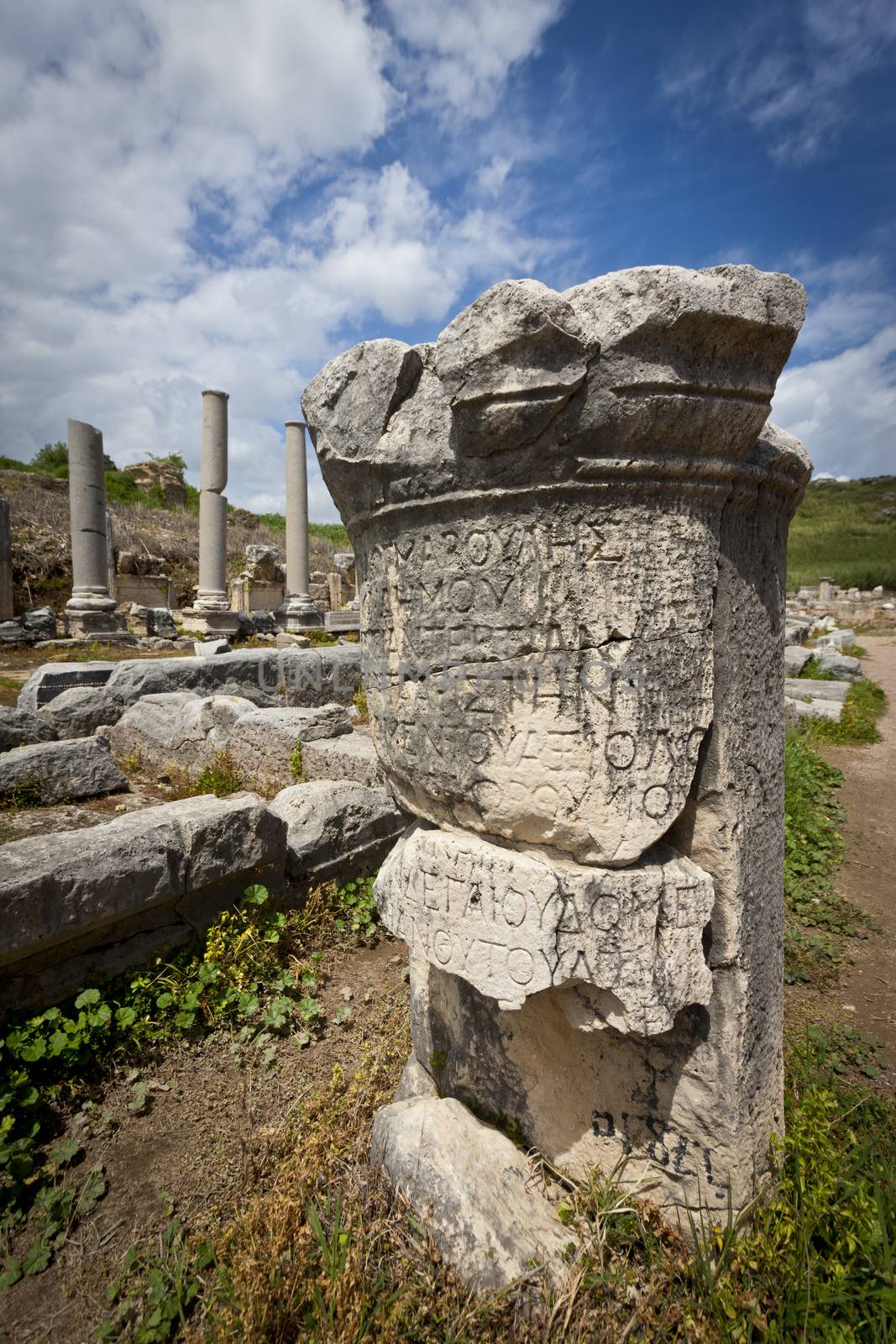 Column with Greek Text at Perga in Turkey by Creatista