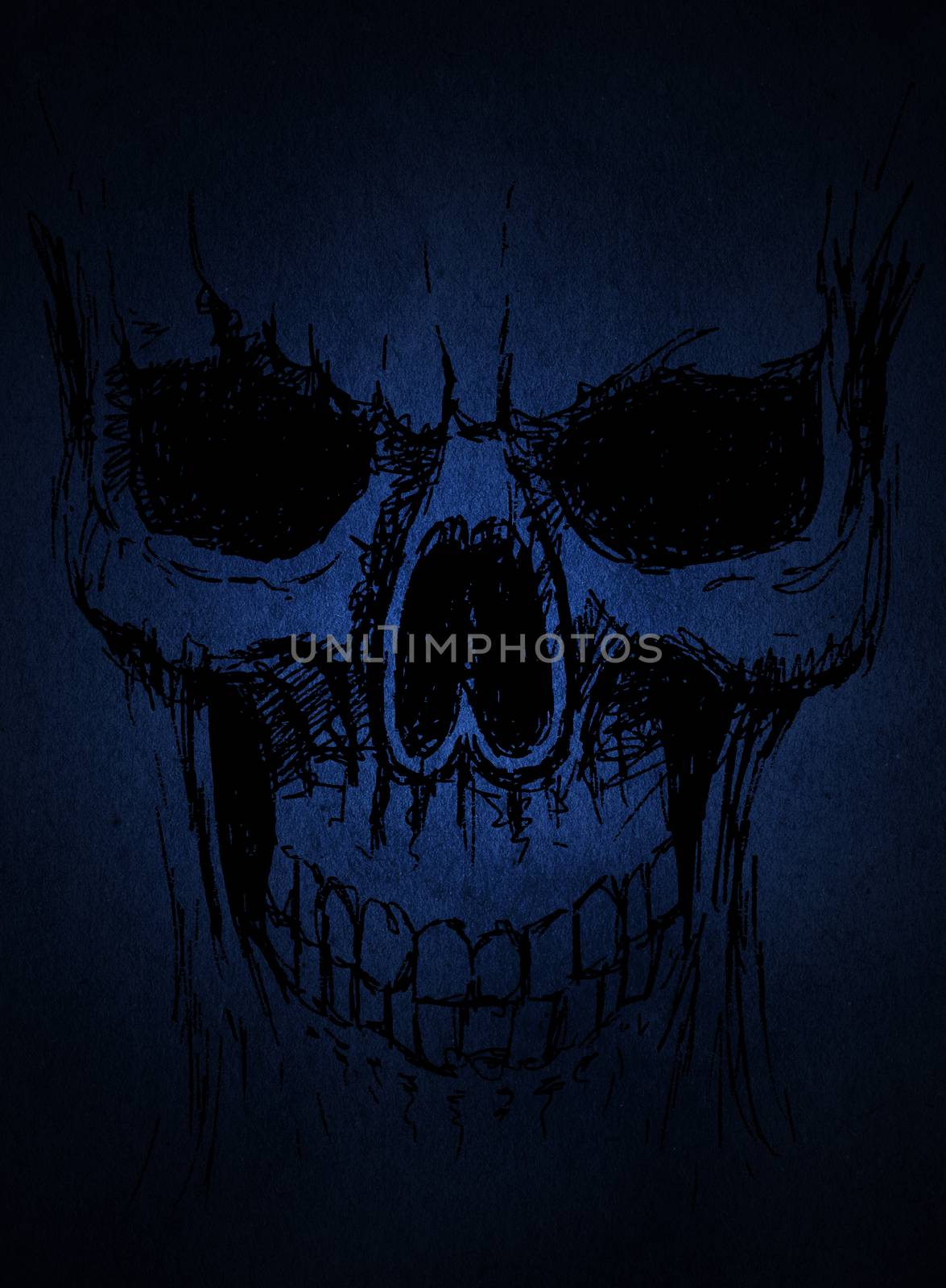 hand drawing of skull hand drawn on dark blue paper , made for Halloween day