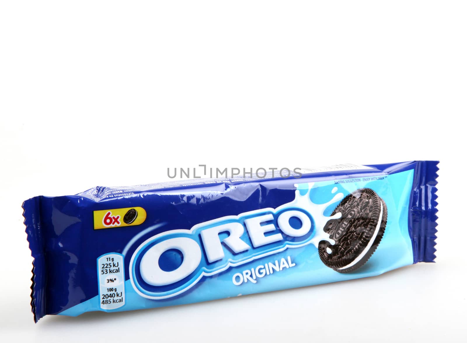 AYTOS, BULGARIA - DECEMBER 11, 2015: Oreo isolated on white background. Oreo is a sandwich cookie consisting of two chocolate disks with a sweet cream filling in between.