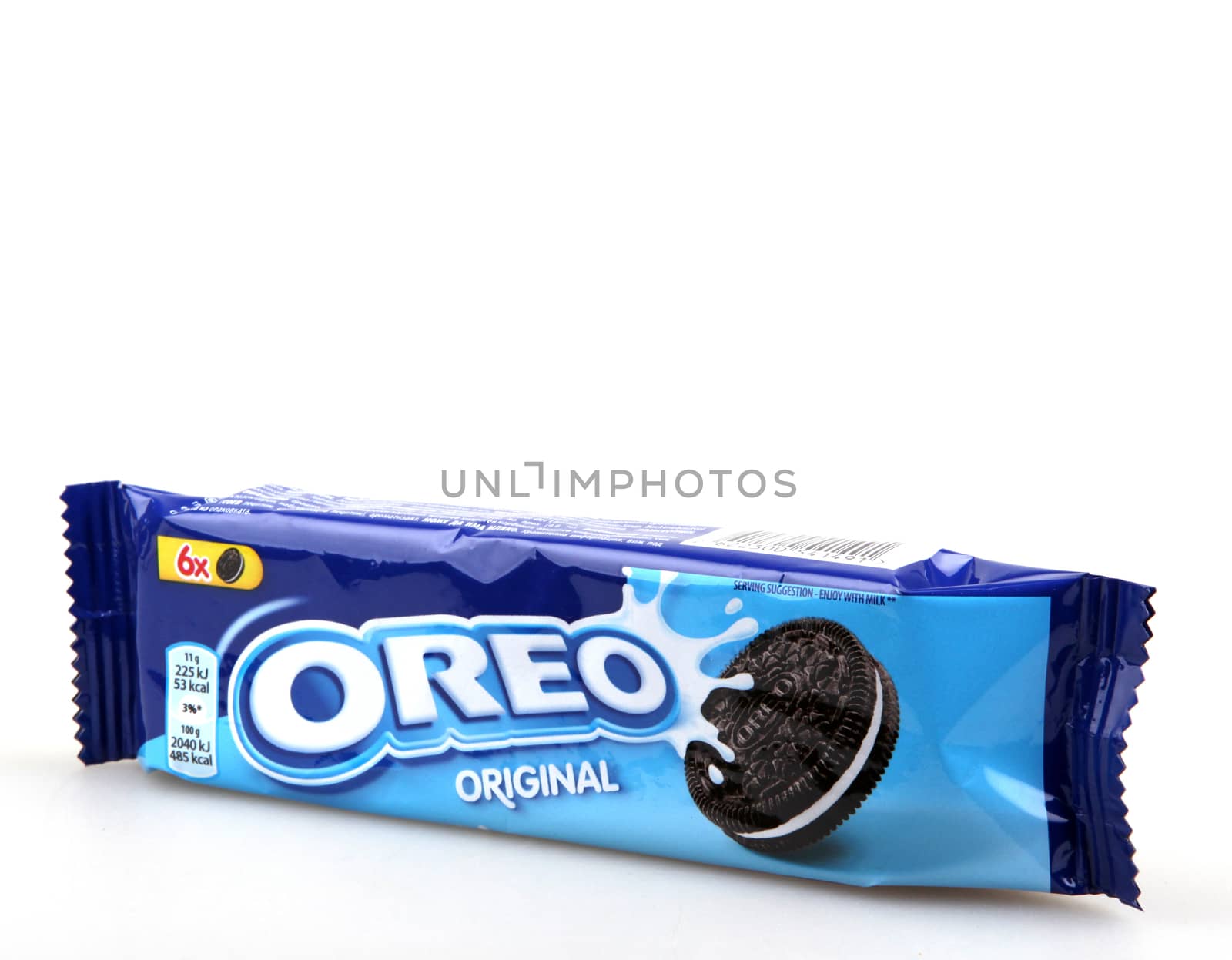 AYTOS, BULGARIA - DECEMBER 11, 2015: Oreo isolated on white background. Oreo is a sandwich cookie consisting of two chocolate disks with a sweet cream filling in between.