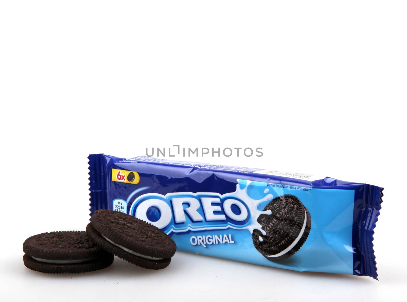 AYTOS, BULGARIA - DECEMBER 11, 2015: Oreo isolated on white background. Oreo is a sandwich cookie consisting of two chocolate disks with a sweet cream filling in between. by nenov