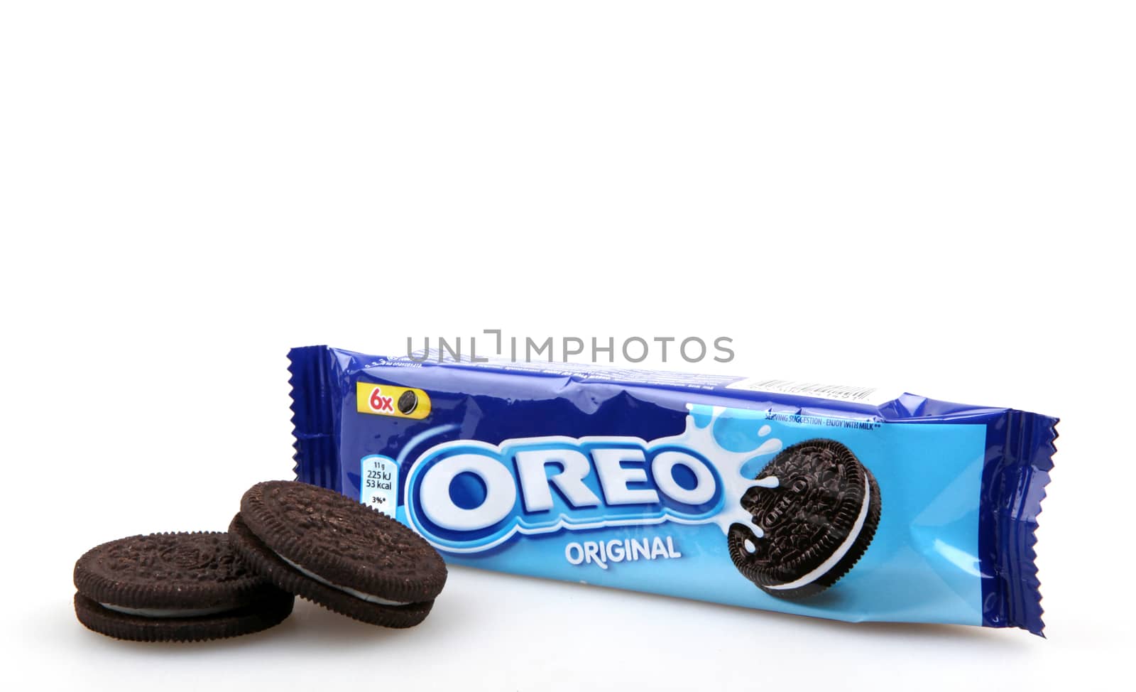 AYTOS, BULGARIA - DECEMBER 11, 2015: Oreo isolated on white background. Oreo is a sandwich cookie consisting of two chocolate disks with a sweet cream filling in between. by nenov