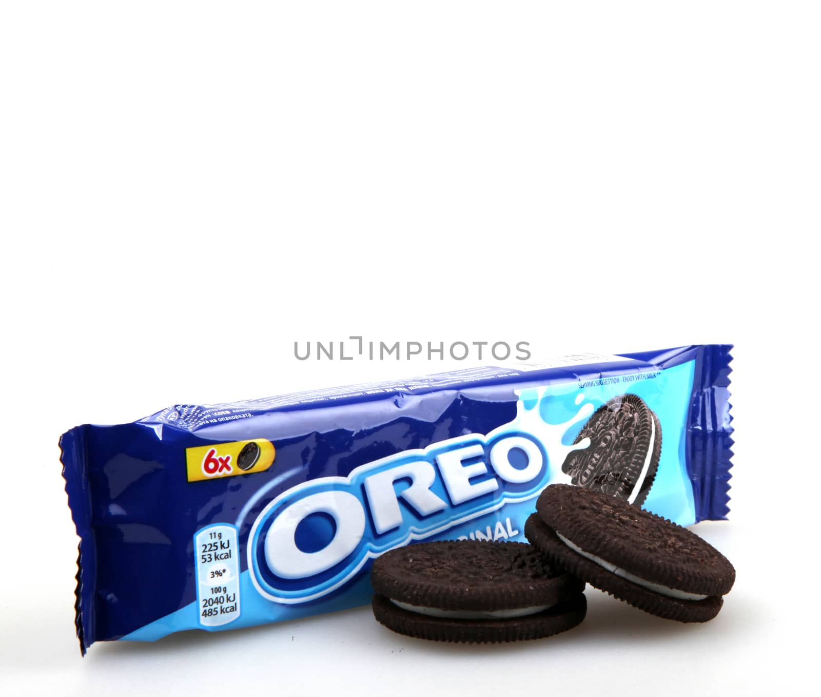 AYTOS, BULGARIA - DECEMBER 11, 2015: Oreo isolated on white background. Oreo is a sandwich cookie consisting of two chocolate disks with a sweet cream filling in between.