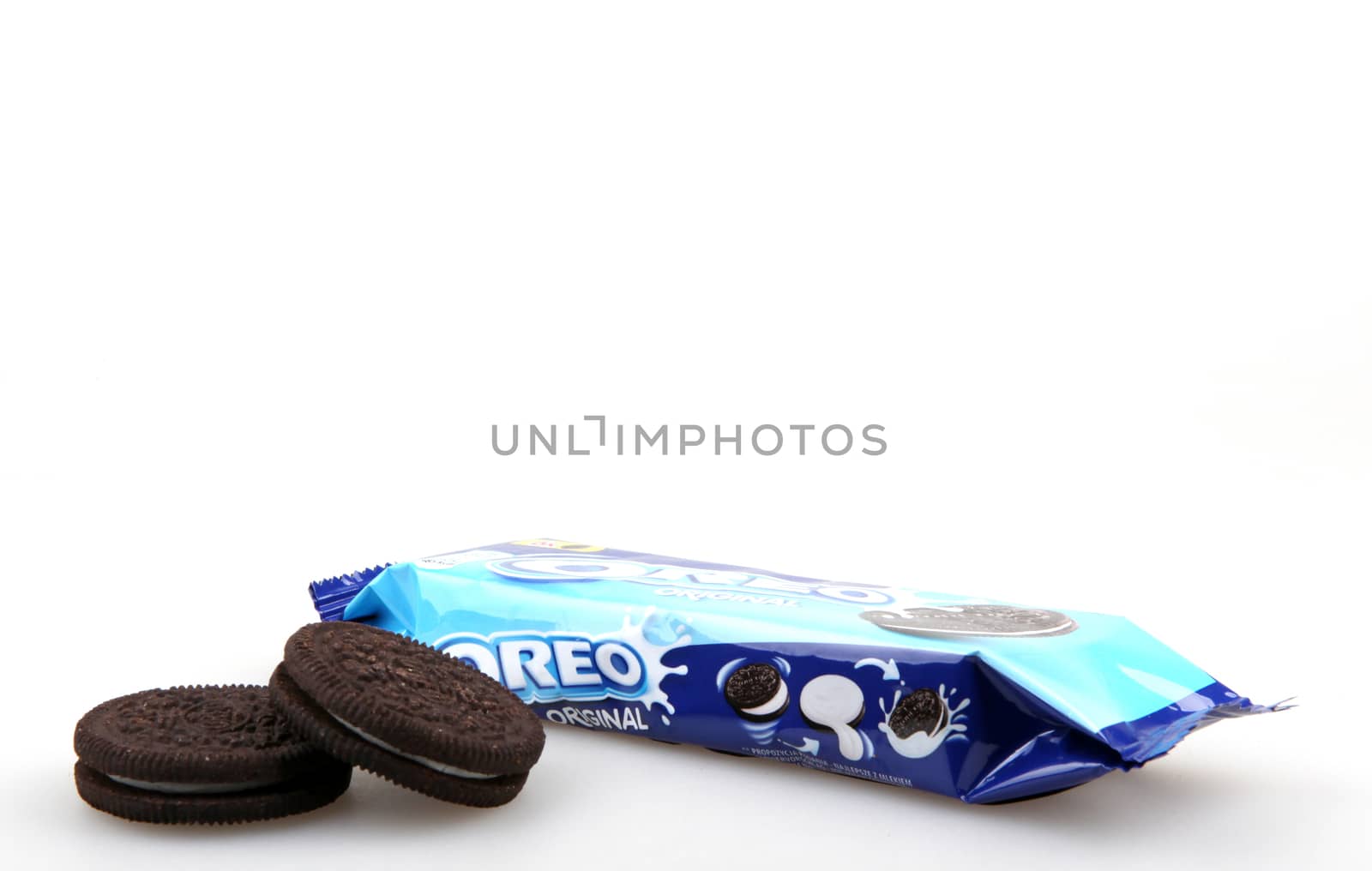 AYTOS, BULGARIA - DECEMBER 11, 2015: Oreo isolated on white background. Oreo is a sandwich cookie consisting of two chocolate disks with a sweet cream filling in between.