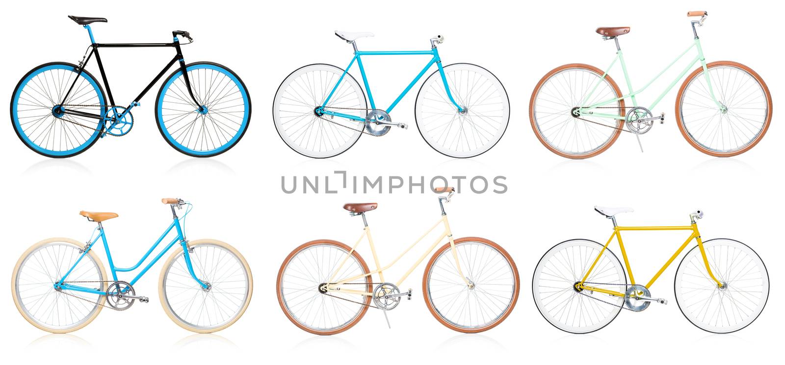 Collection of stylish colorful hipsters bicycle isolated on whit by vlad_star