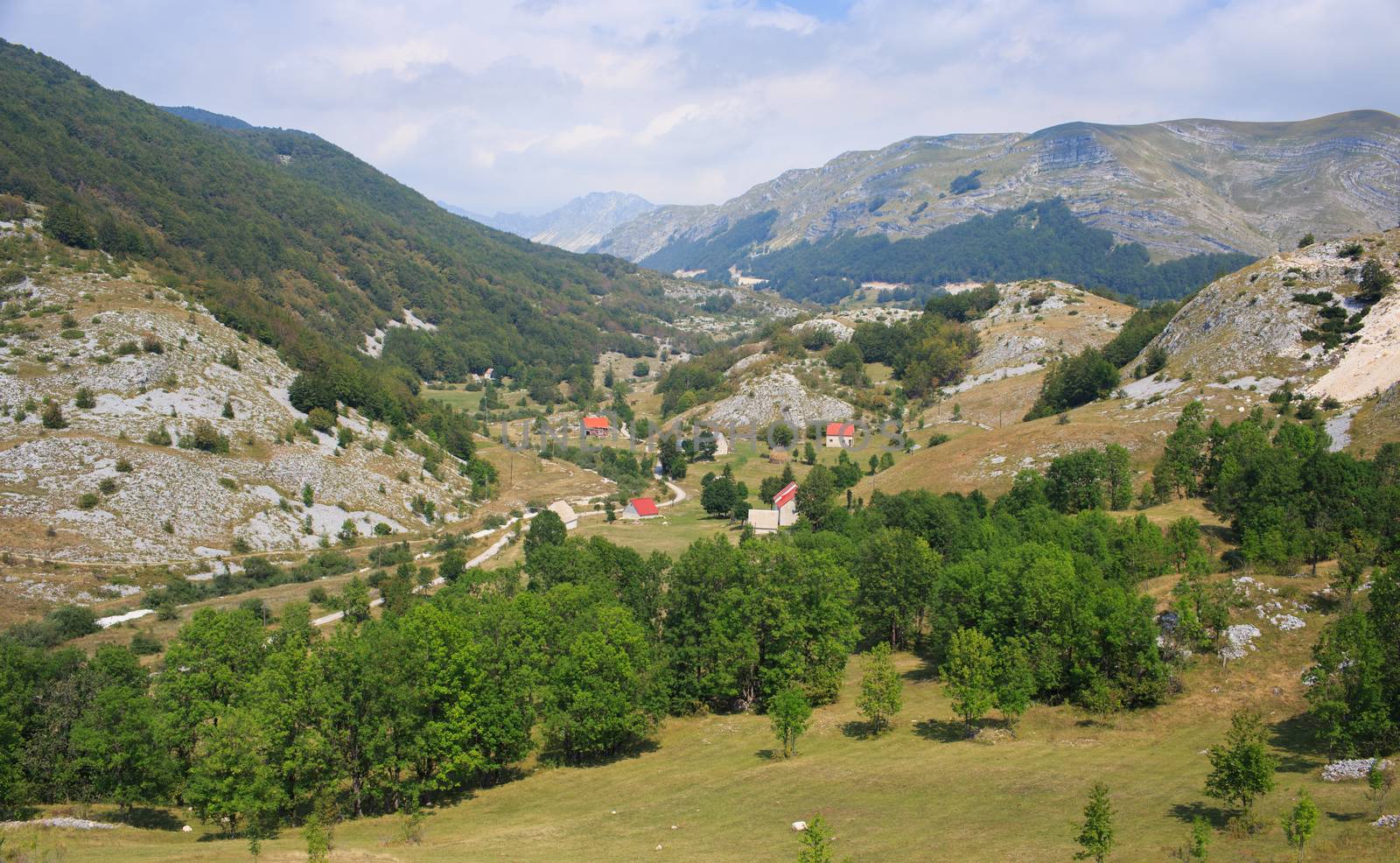 Scenic panorama view of a picturesque mountain village in Montenegro. Summer vacation and ecology background.