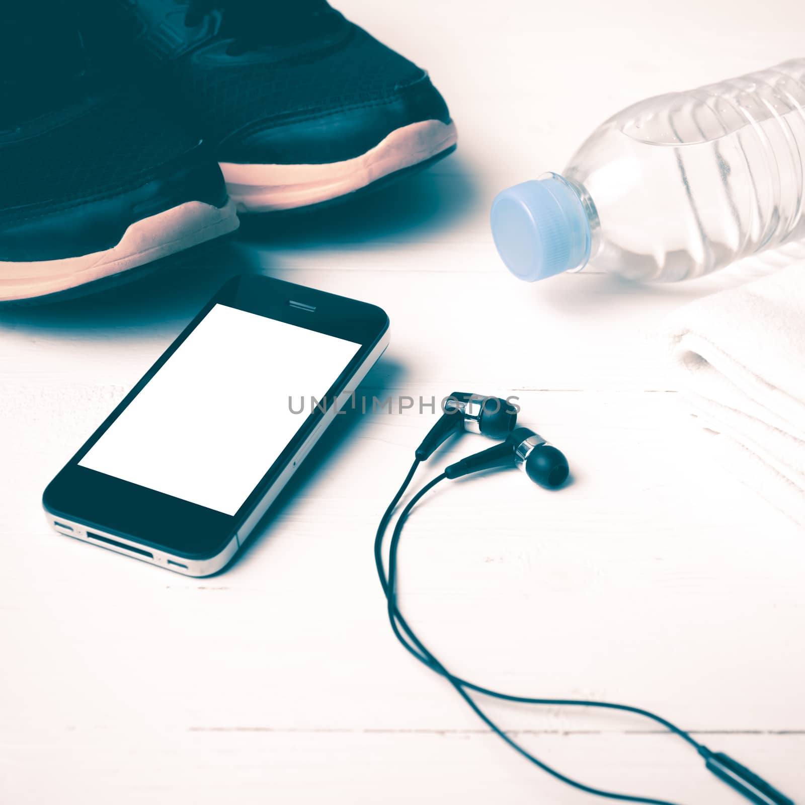 fitness eqiupment:running shoes,water bottle,towel,smart phone vintage style
