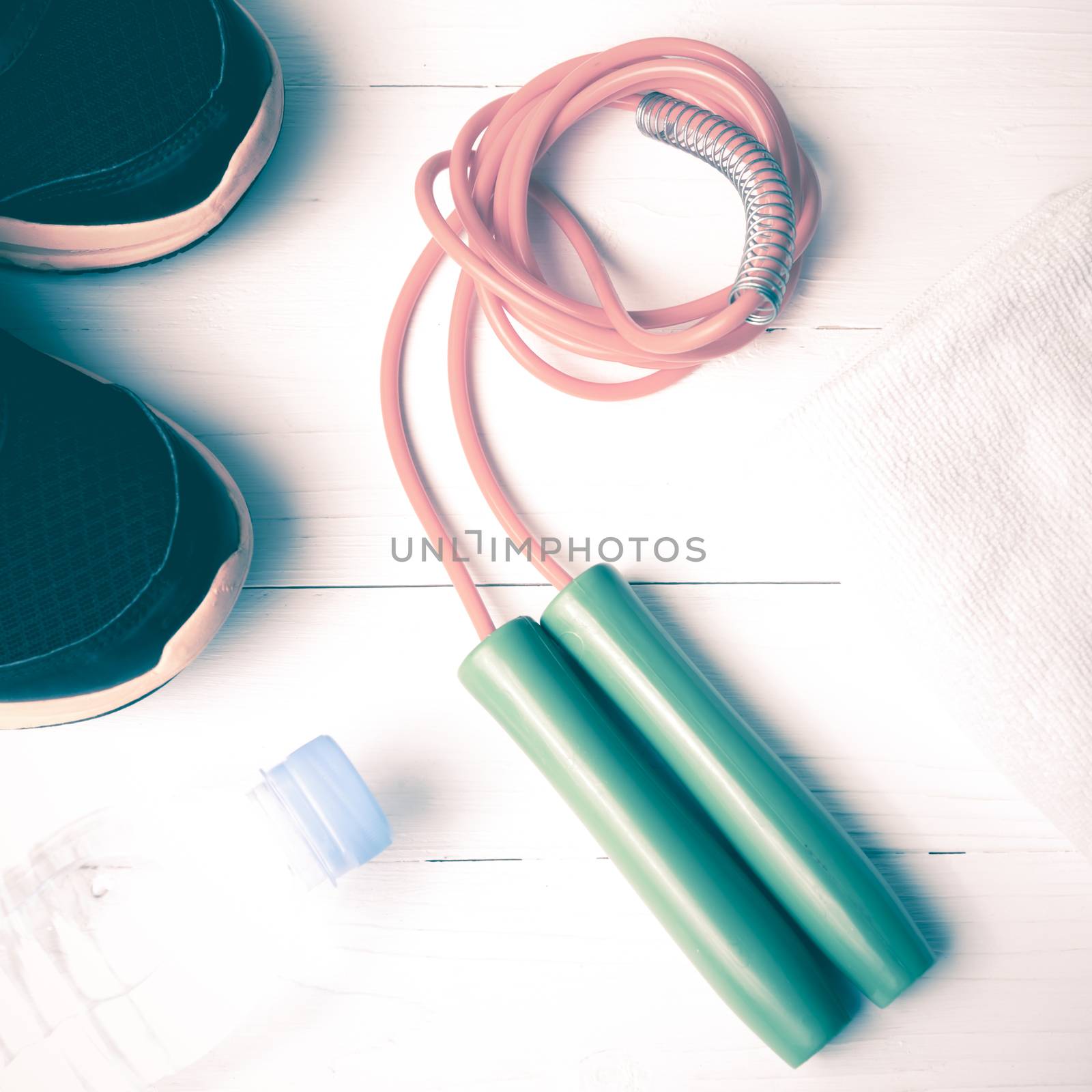 fitness equipment:running shoes,water bottle,towel,rope vintage style