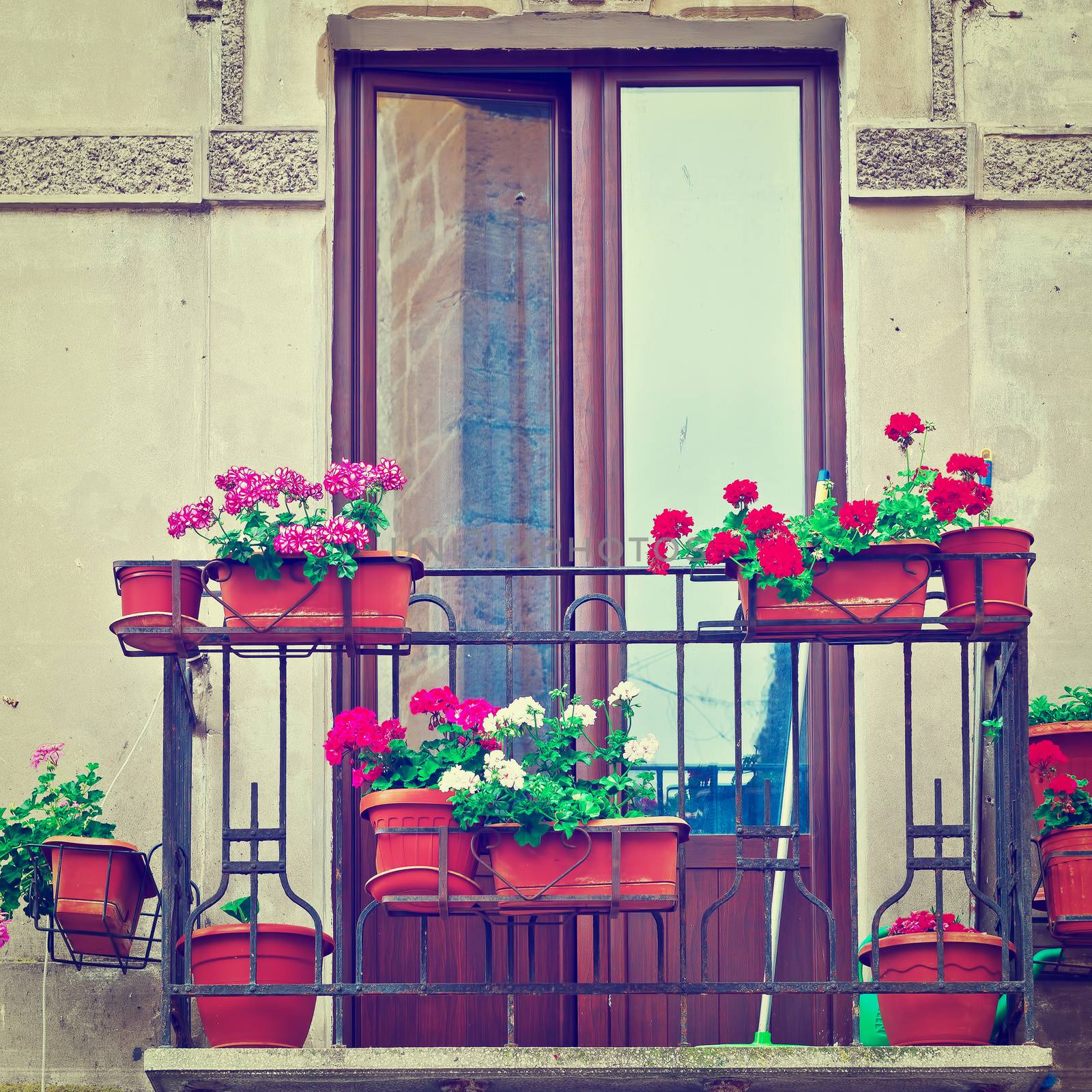 Italian Balcony, Decorated With Fresh Flowers, Instagram Effect