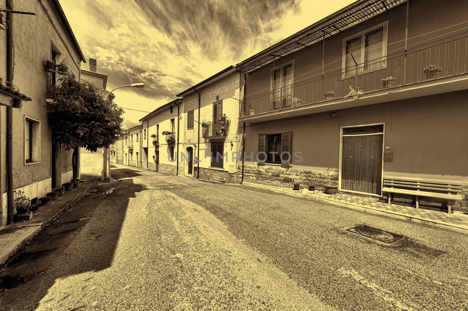 Street with Old Buildings in the Small Italian City, Retro Image Filtered Style 