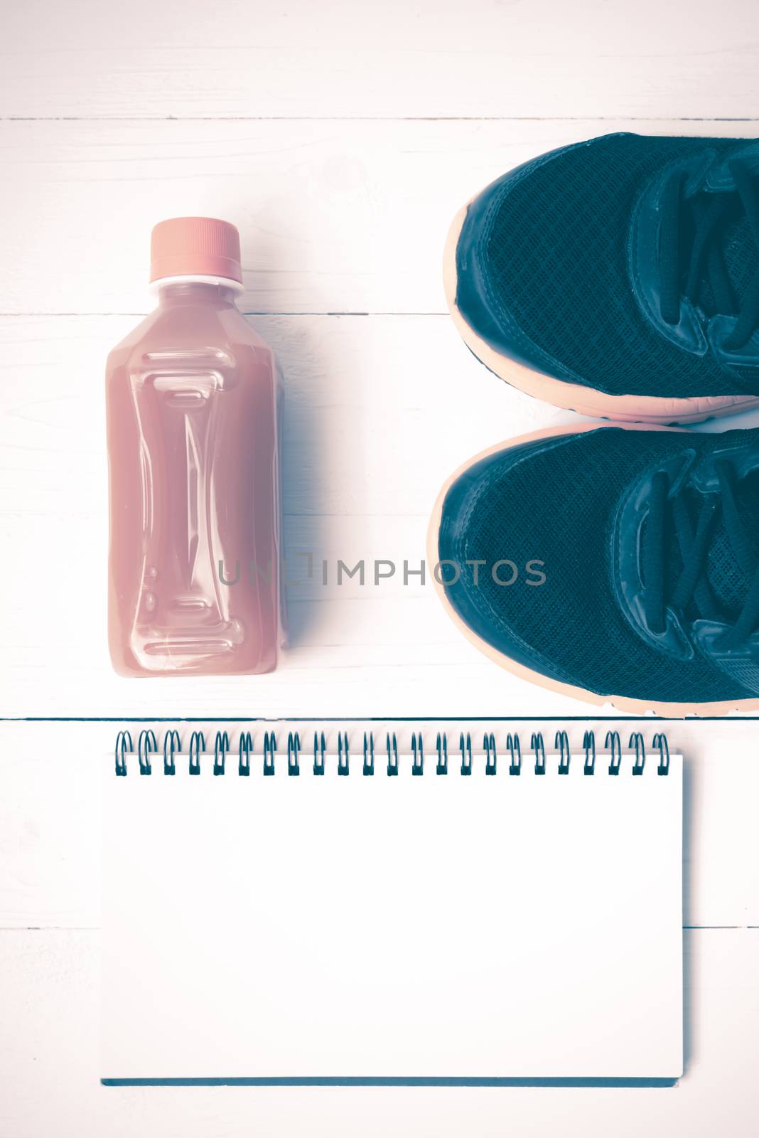 running shoes,orange juice and notepad vintage tone color style by ammza12