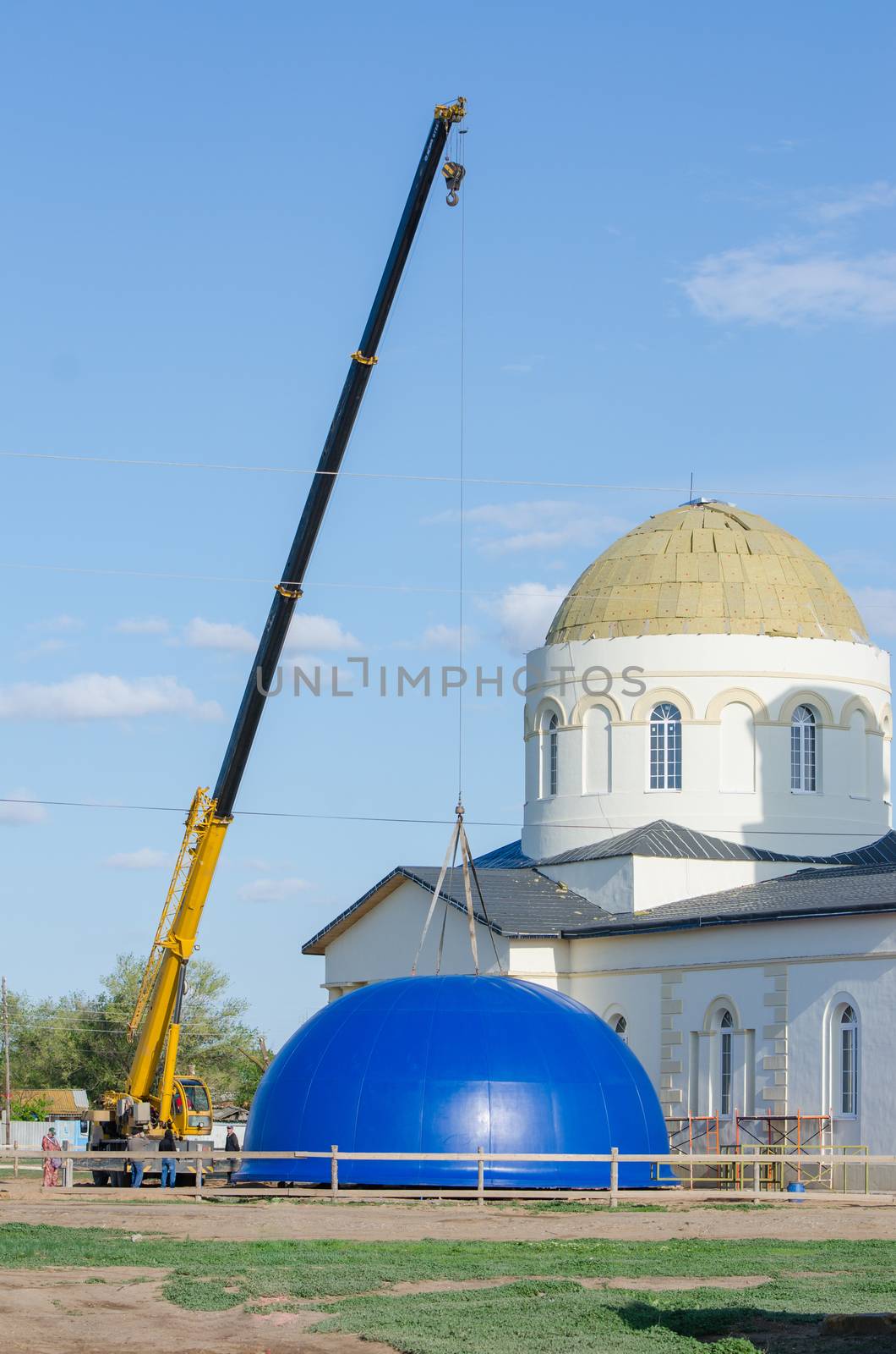 Solodniki, Russia - May 13, 2015: Reconstruction of the Church of Our Lady of Kazan in the village Solodniki Astrakhan region