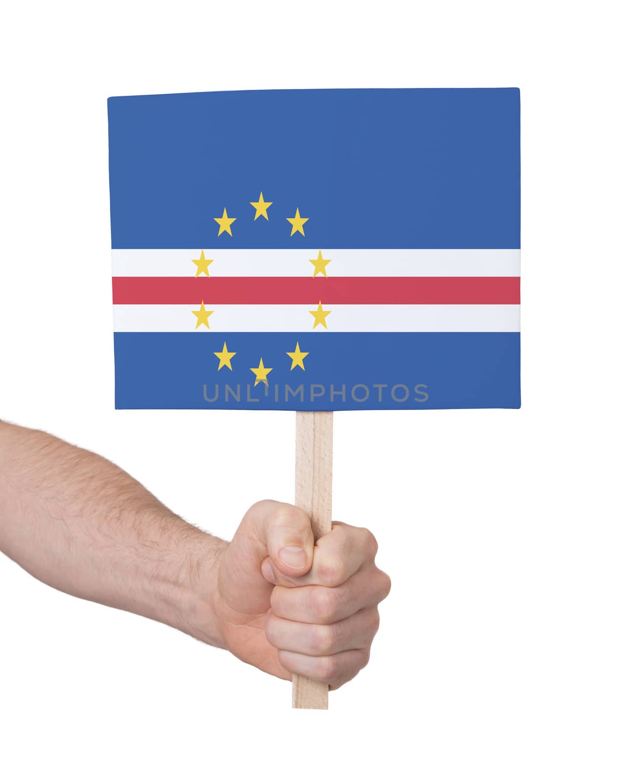 Hand holding small card, isolated on white - Flag of Cape Verde