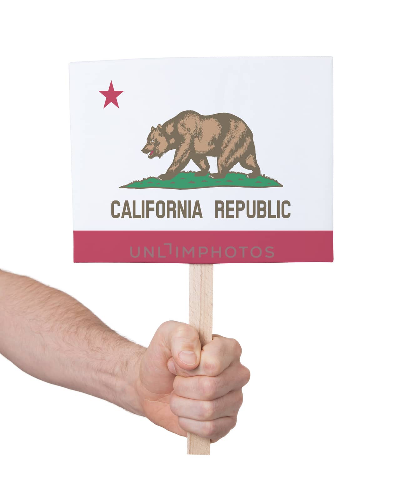 Hand holding small card, isolated on white - Flag of California