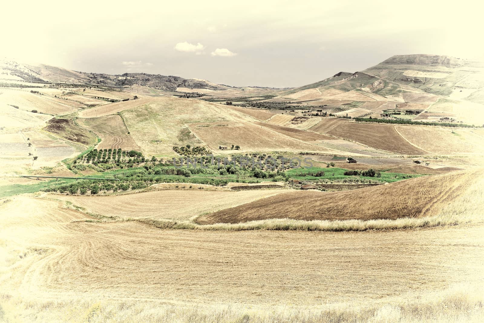 Stubble Fields on the Hills of Sicily, Retro Image Filtered Style