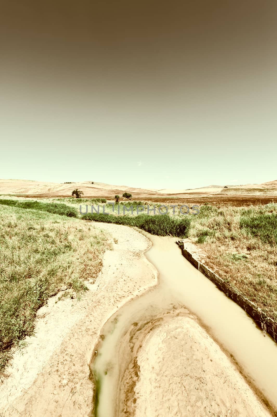 Mountain  River between  Hills of Sicily, Retro Image Filtered Style