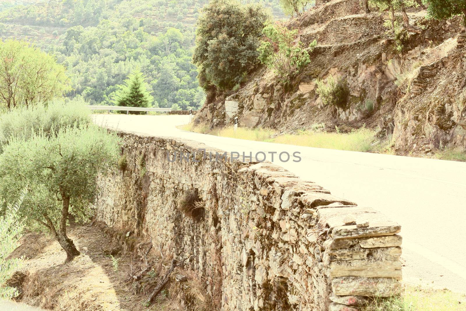 Retaining Wall for Mountain Asphalt Road in Portugal, Retro Image Filtered Style