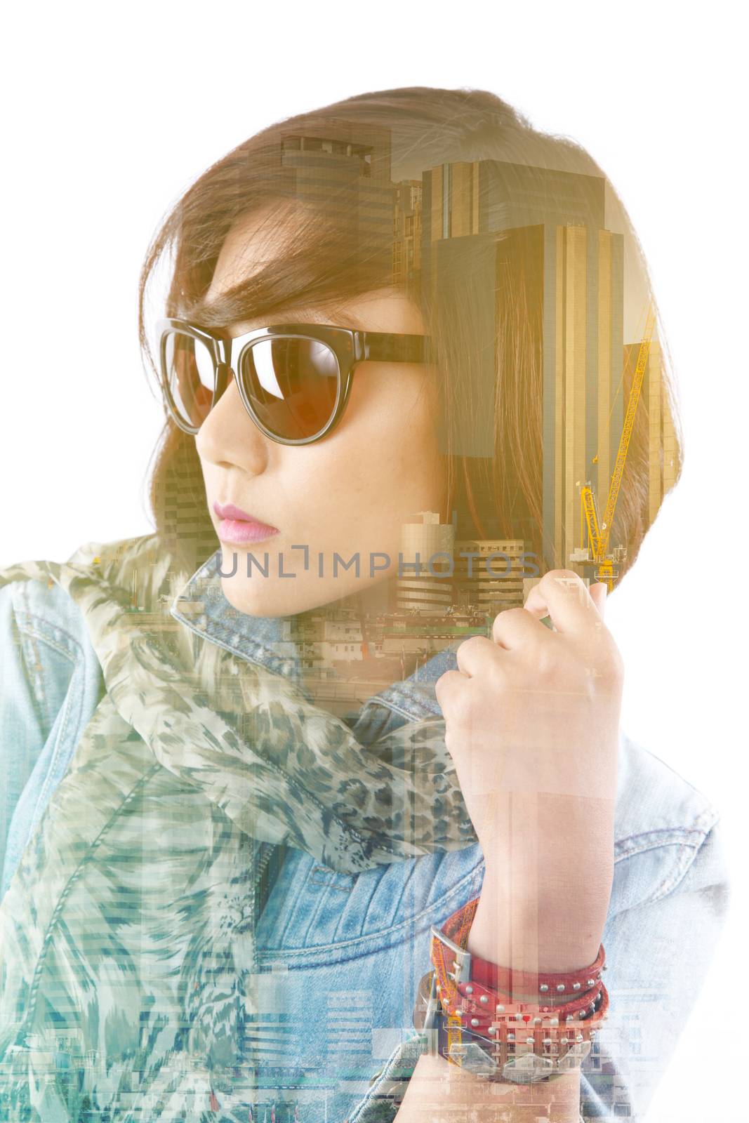 Double exposure of Asian lady and building skyscraper - lifestyle in city concept