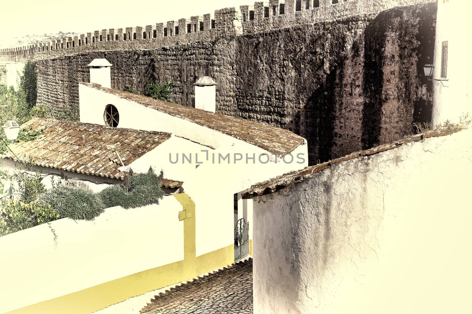 View to Historic Center City of Obidos in Portugal, Retro Image Filtered Style