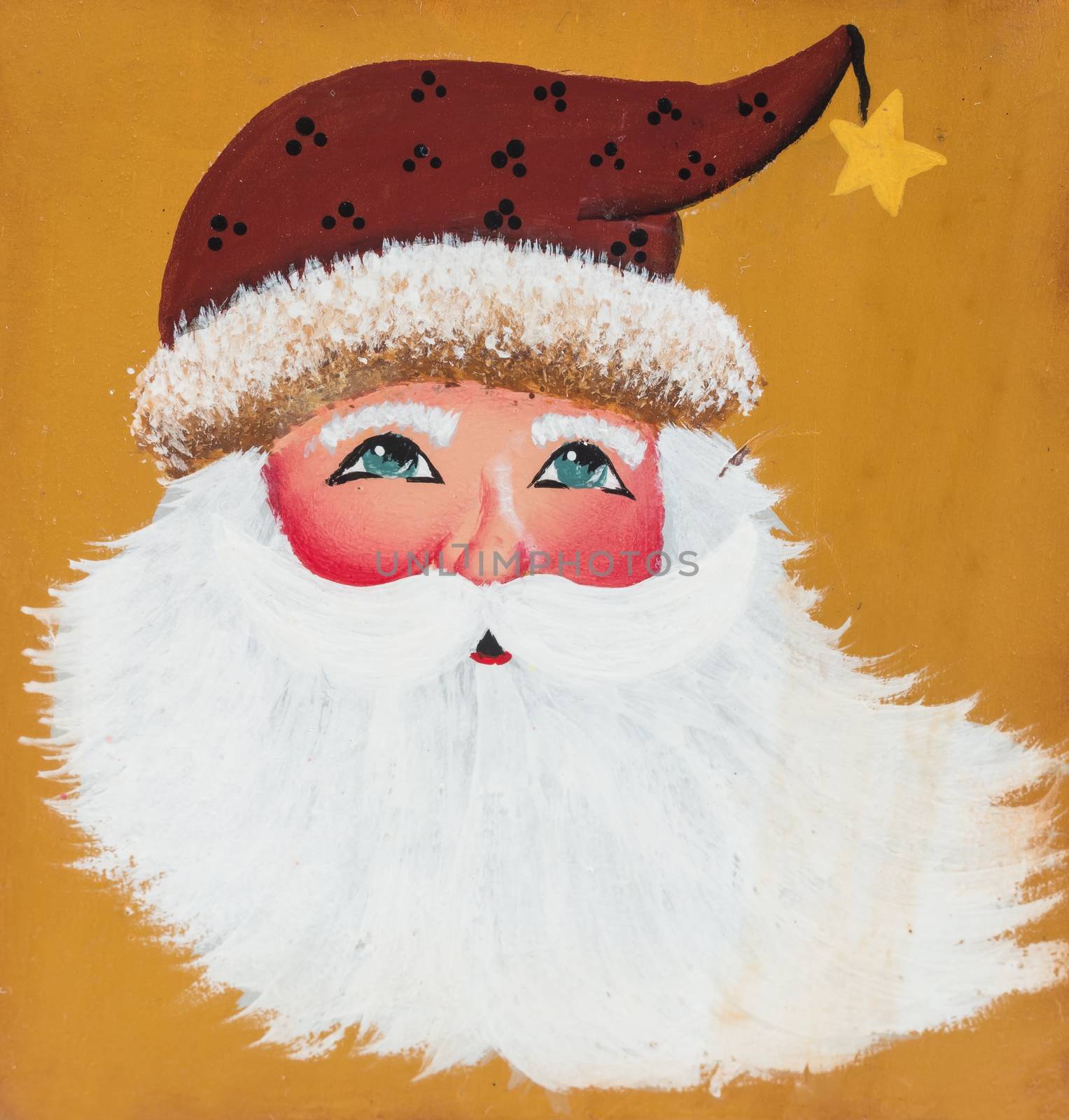 Santa Claus head painted on wood vase on white background