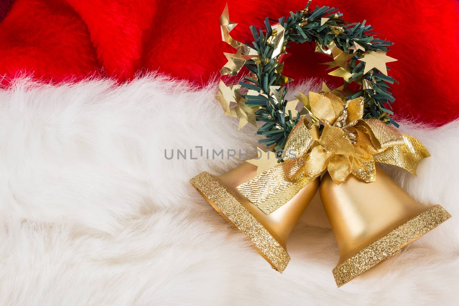 gold bells on Santa Claus hat , use for background