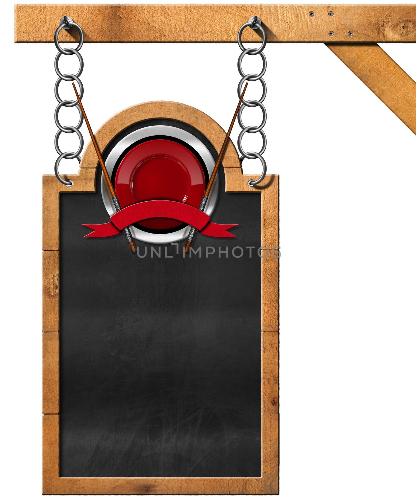 Empty blackboard with wooden frame and symbol for an Asian menu. Hanging from a metal chain on wooden pole and isolated on white