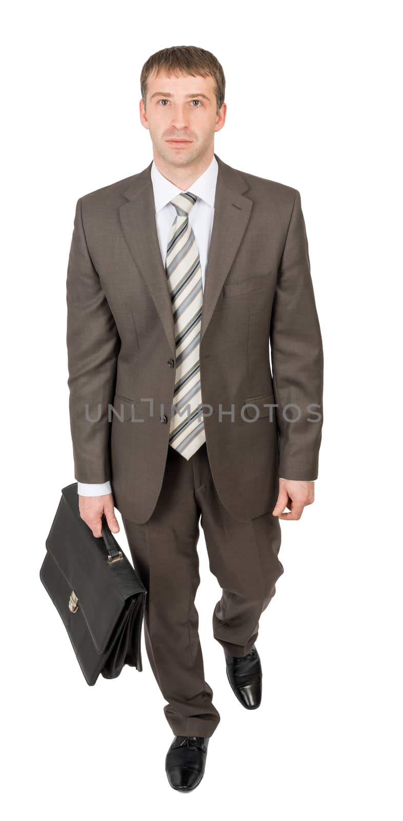 Businessman with suitcase looking at camera on isolated white background