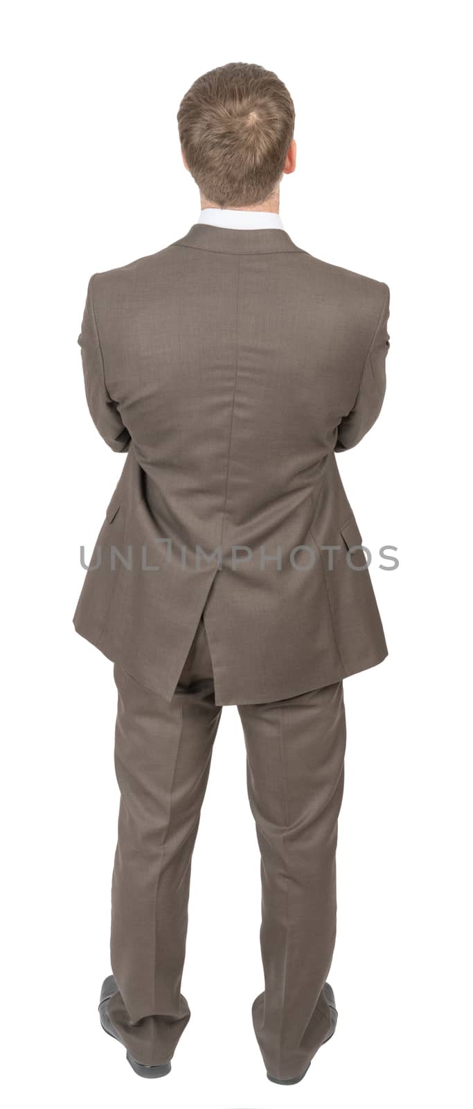 Rear view of businessman on isolated white background