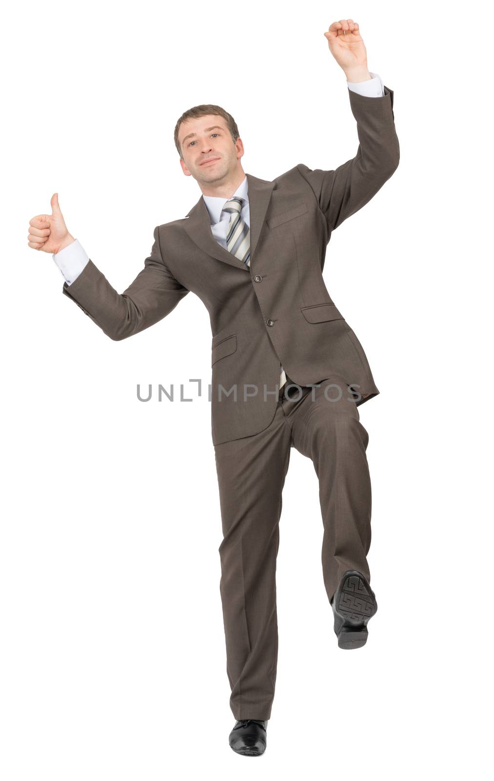 Businessman standing on one leg on isolated white background