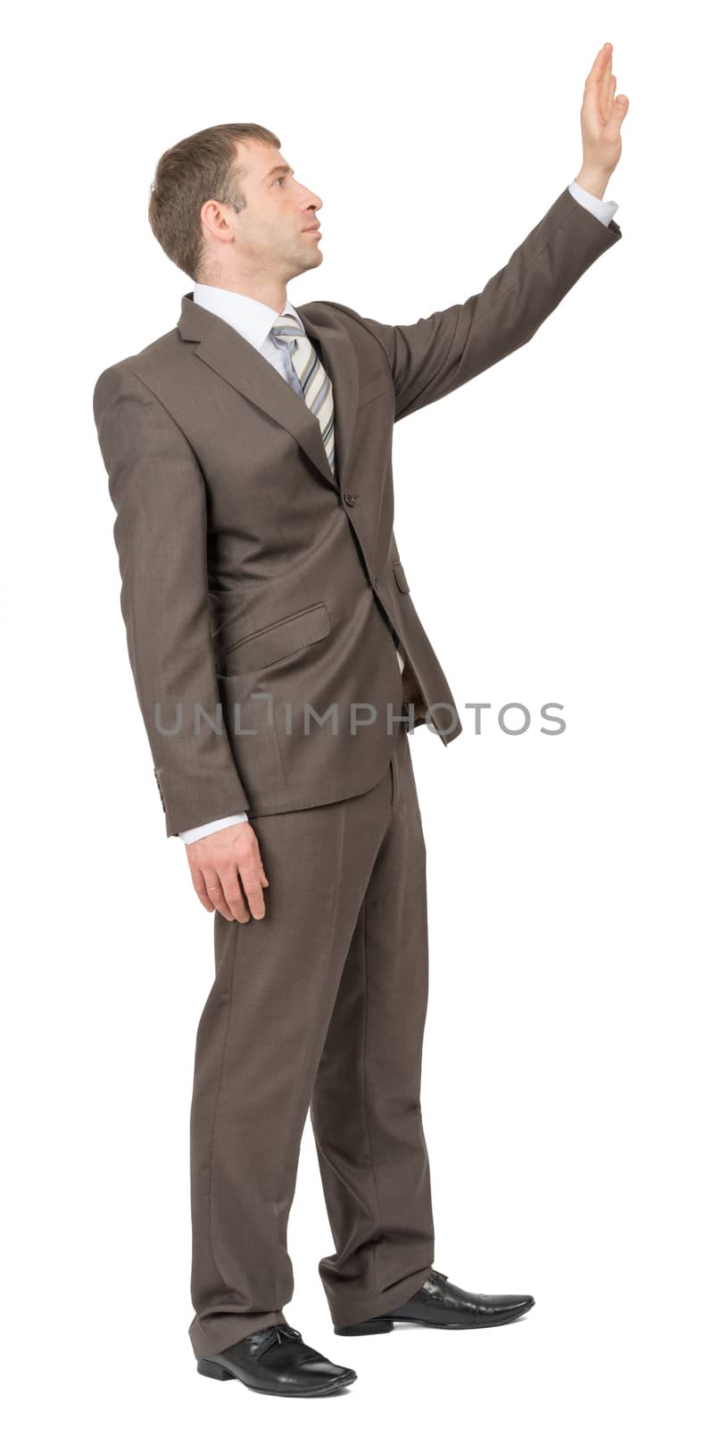 Businessman with raised arm on isolated white background