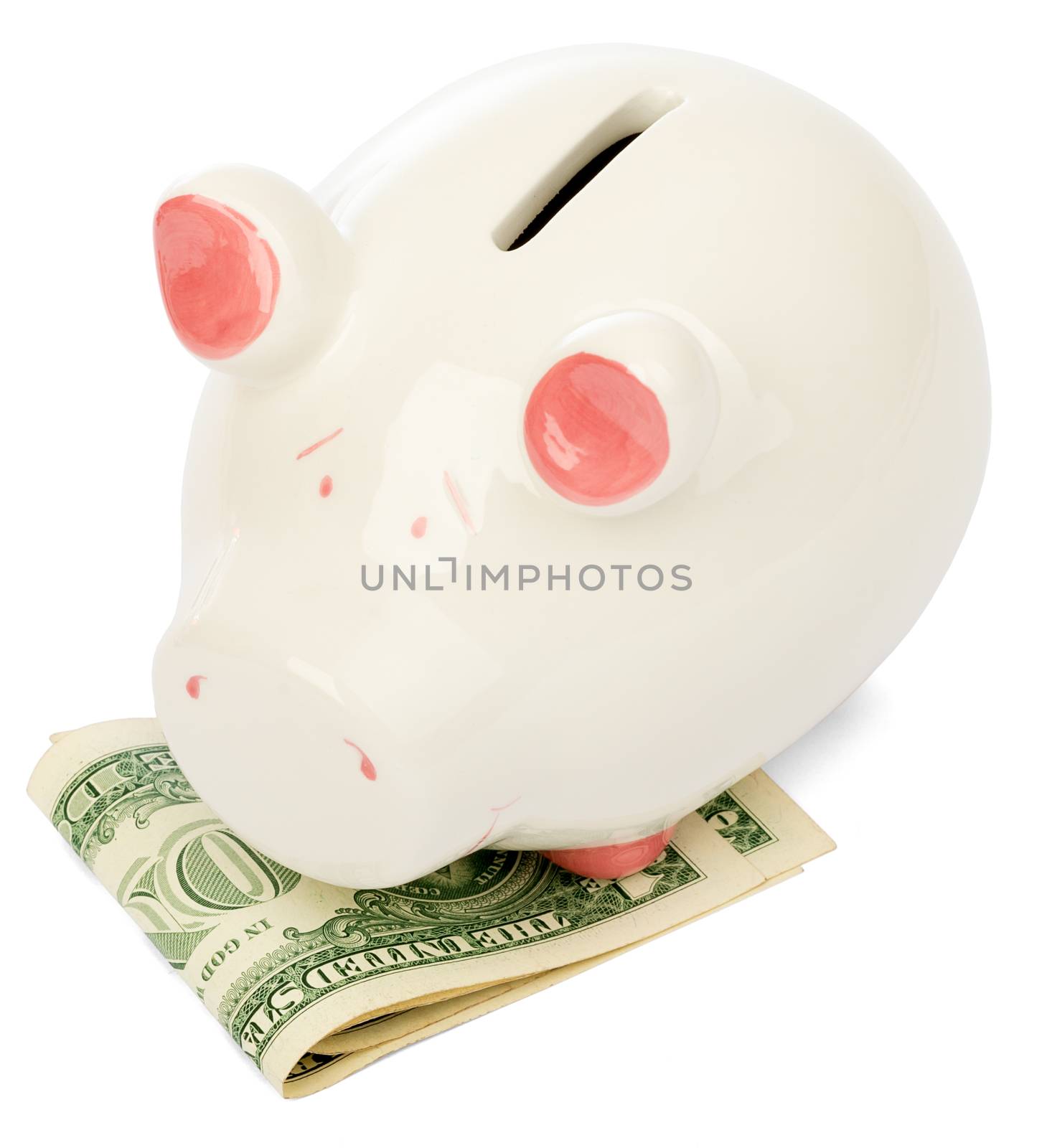 Piggy bank with dollars on white by cherezoff