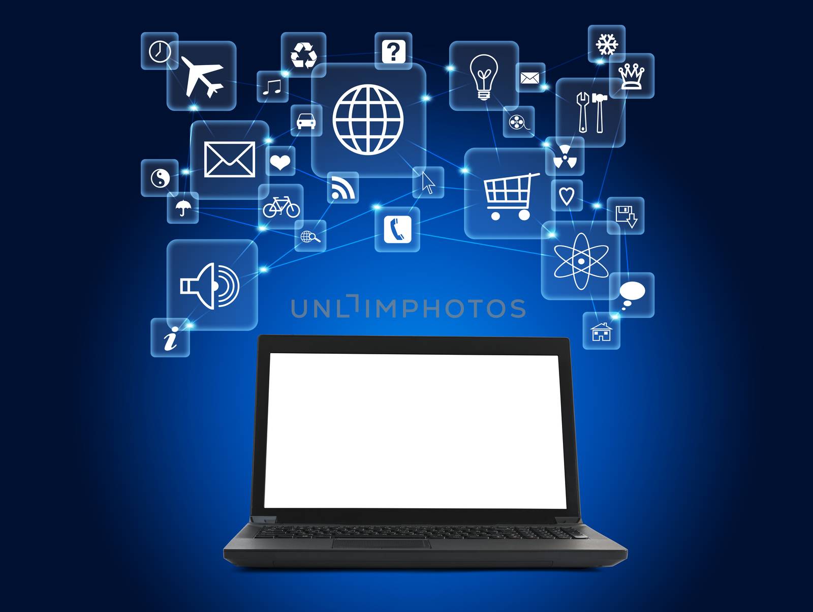 Black laptop with blank screen and computer icons on blue background