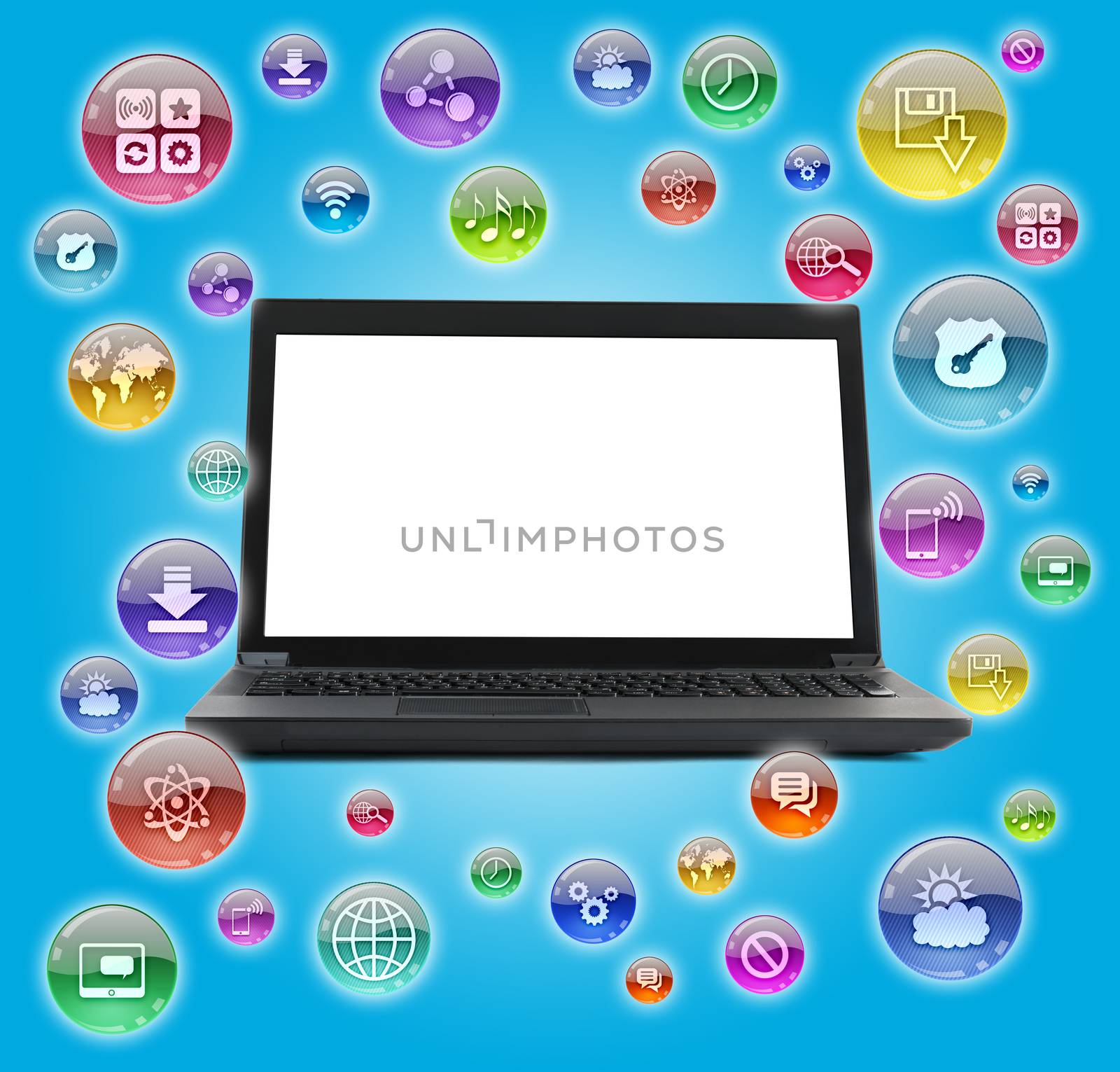 Laptop with blank screen and computer icons by cherezoff