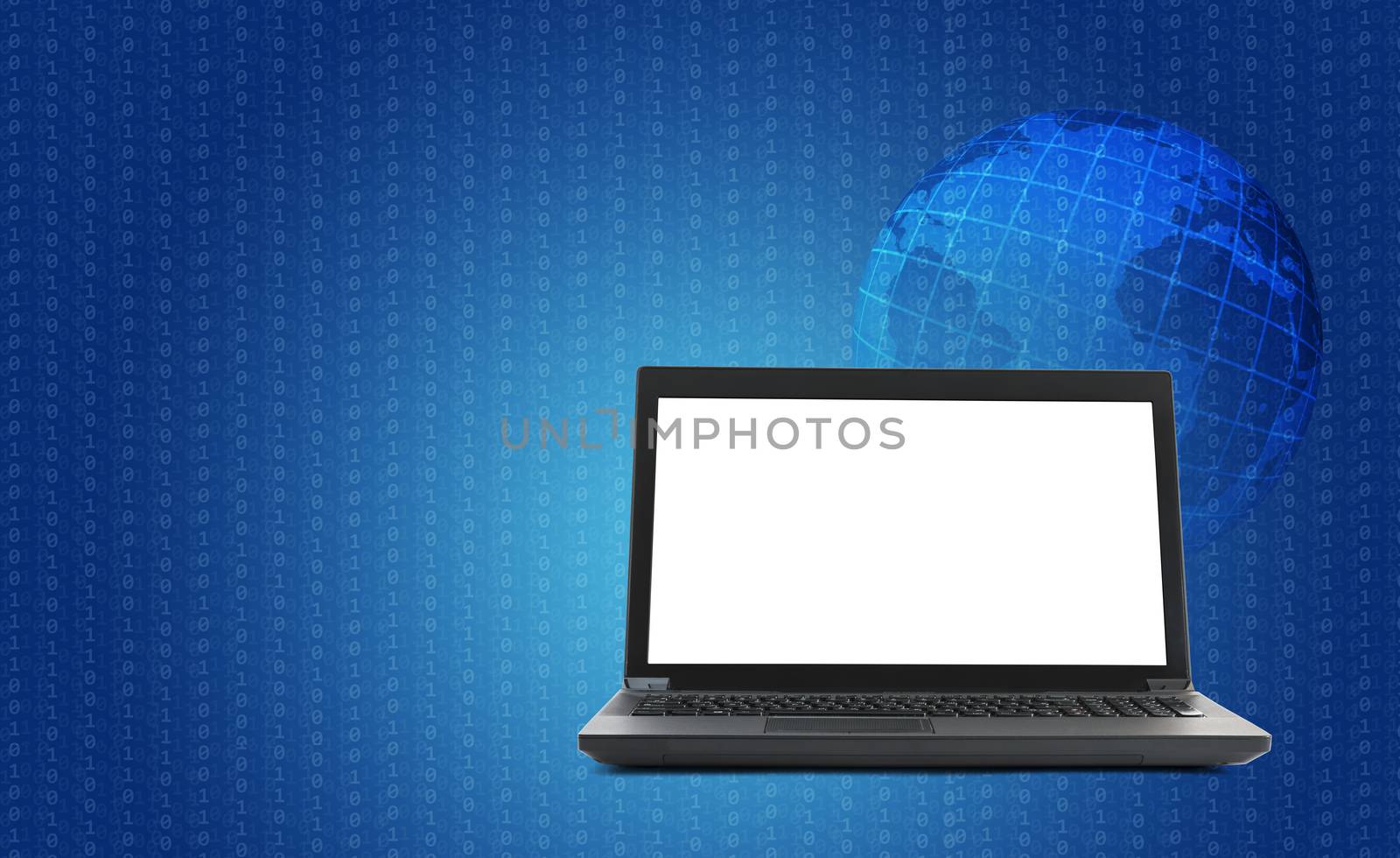 Black laptop with earth globe and lightspot on blue background