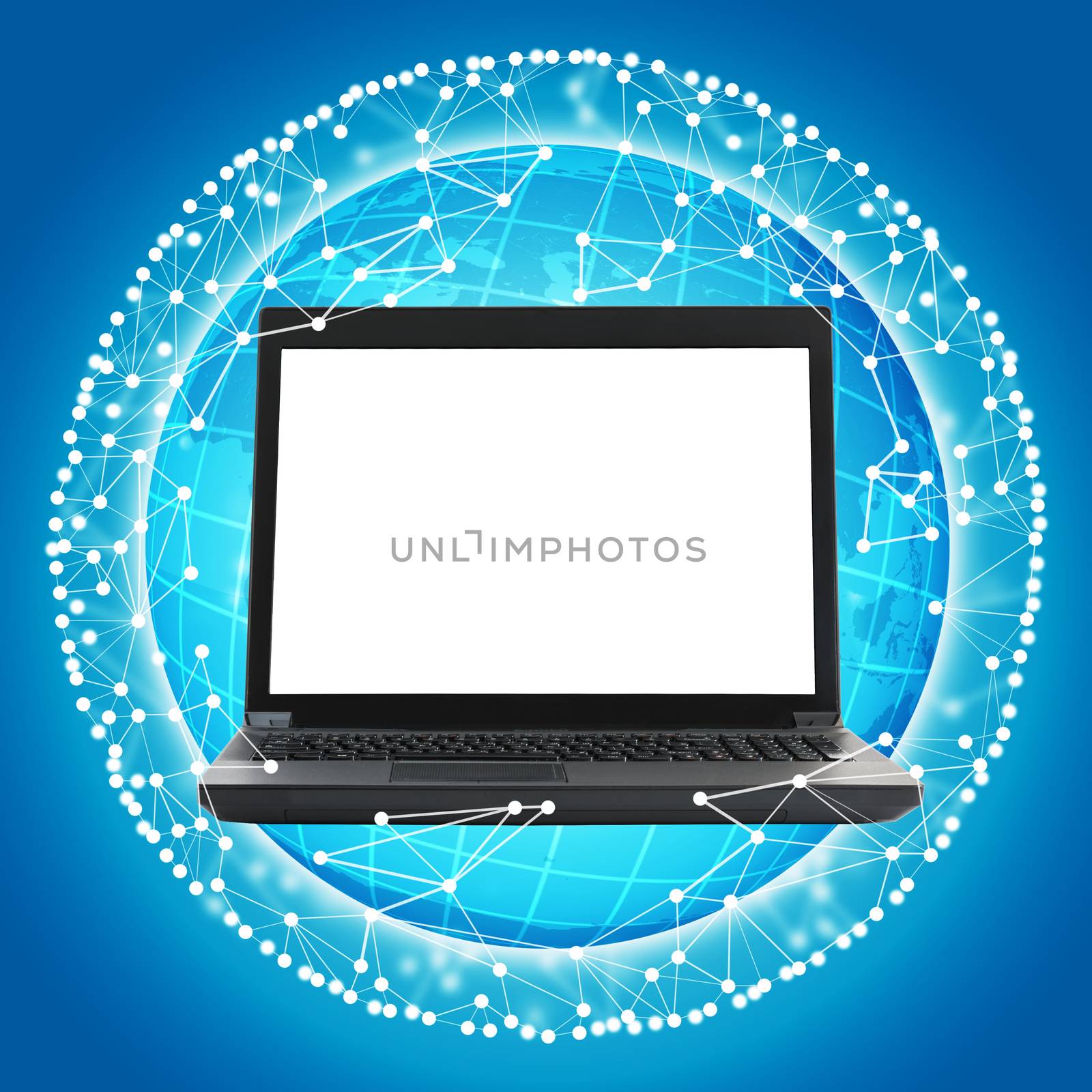 Laptop with blank screen on blue background with white dots