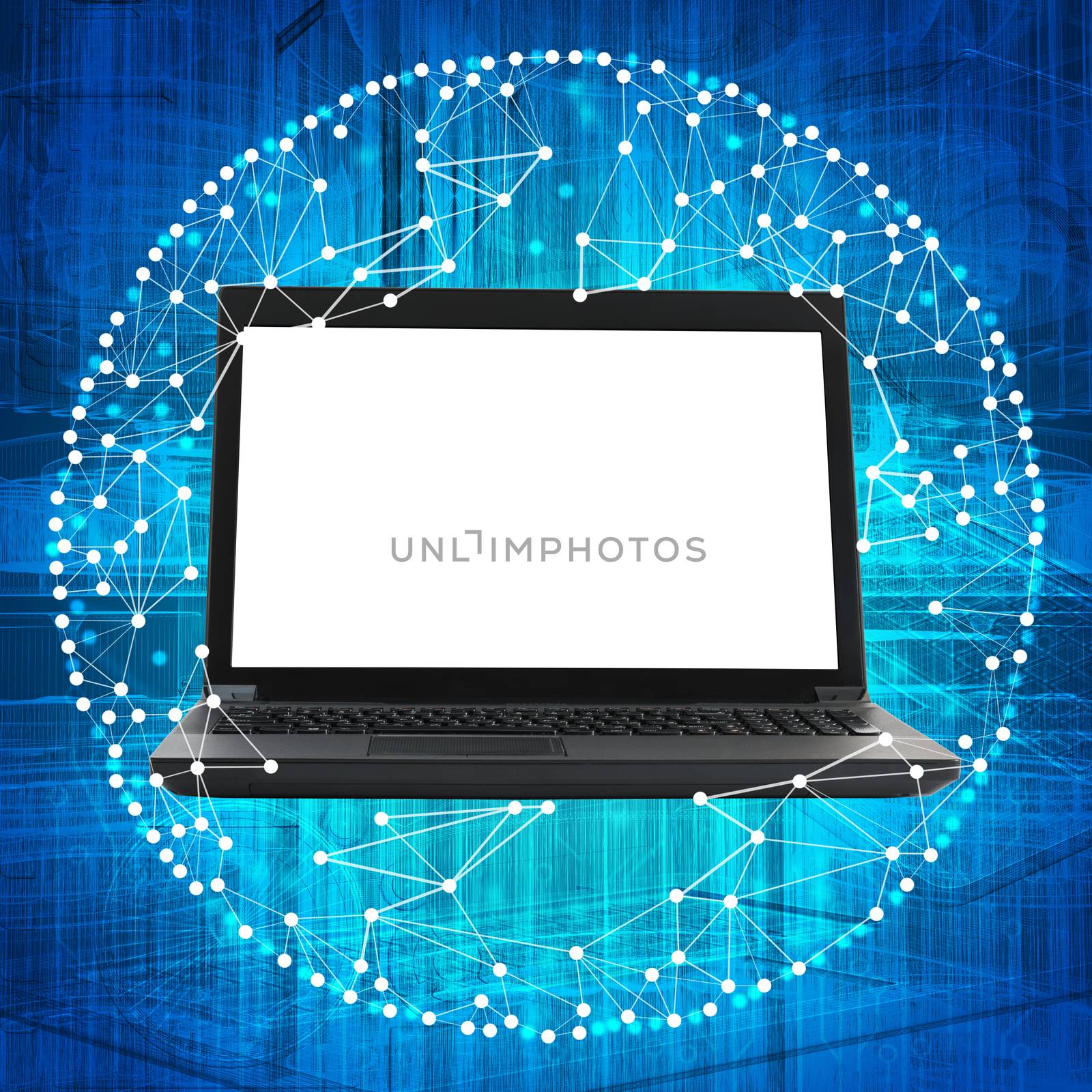 Laptop with blank screen on blue background with white dots