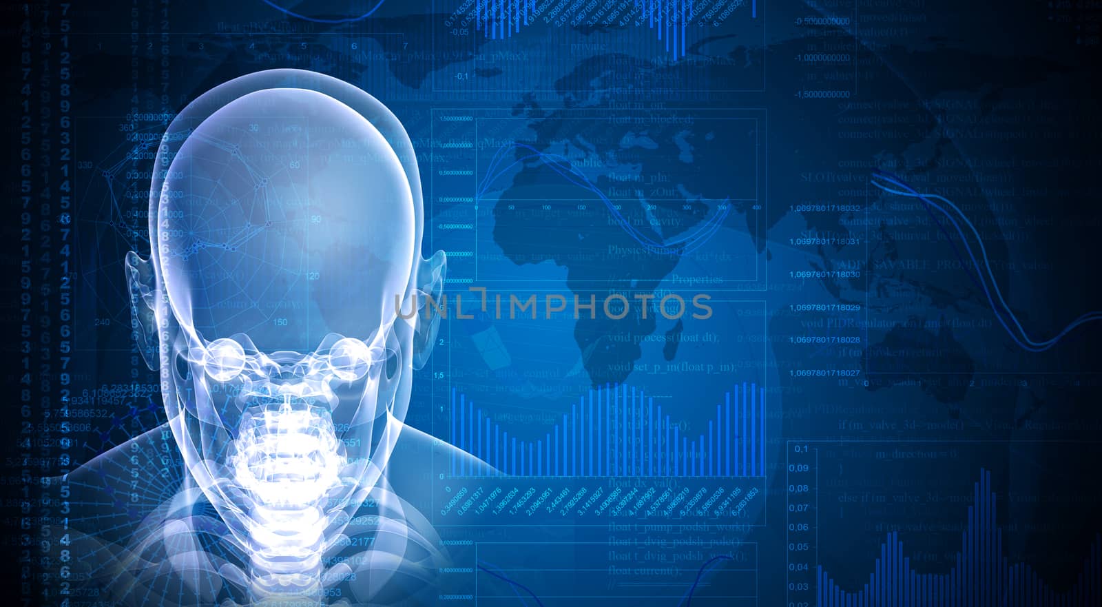 Front face skull x-ray image on abstract blue background