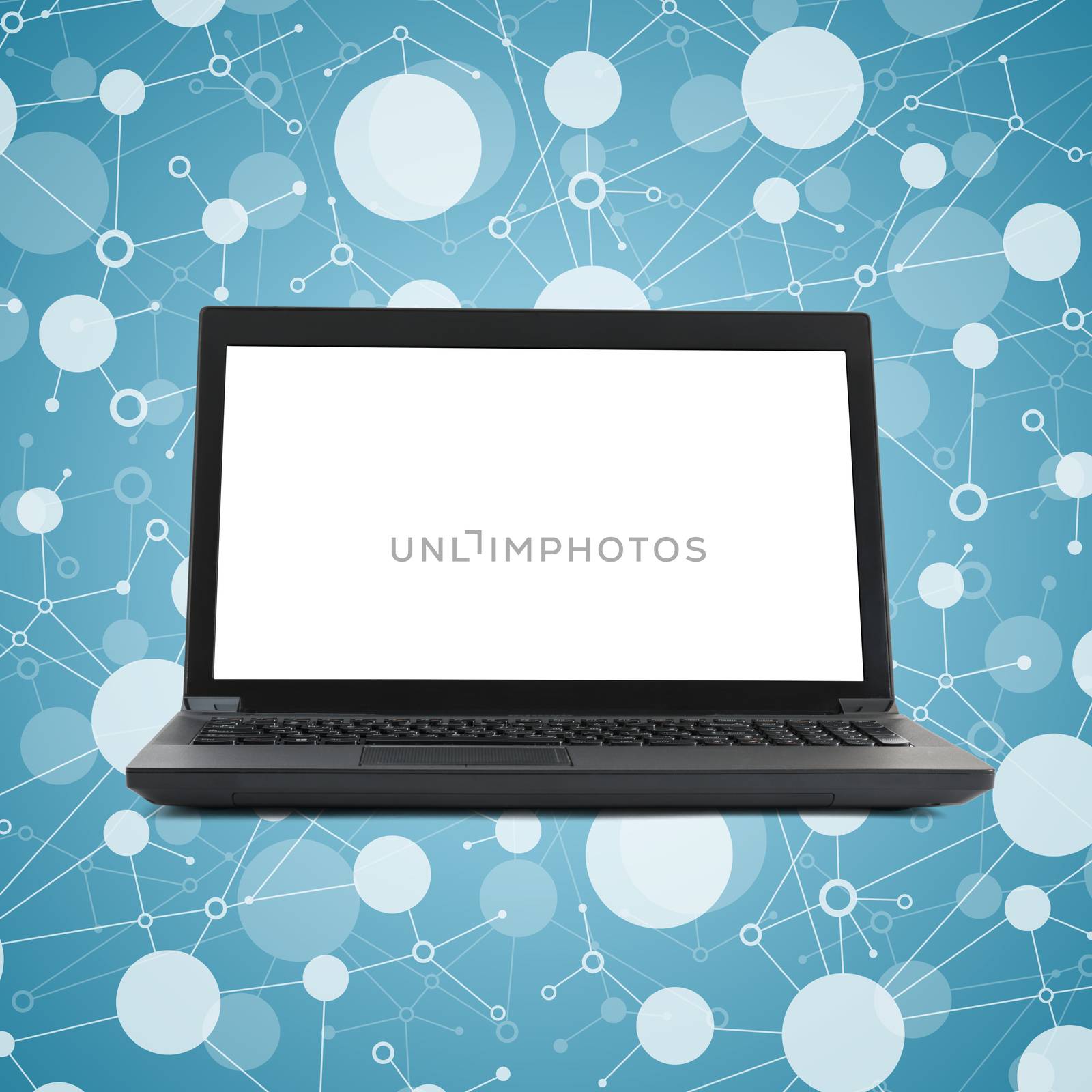 Black laptop with blank screen and connected dots on blue background
