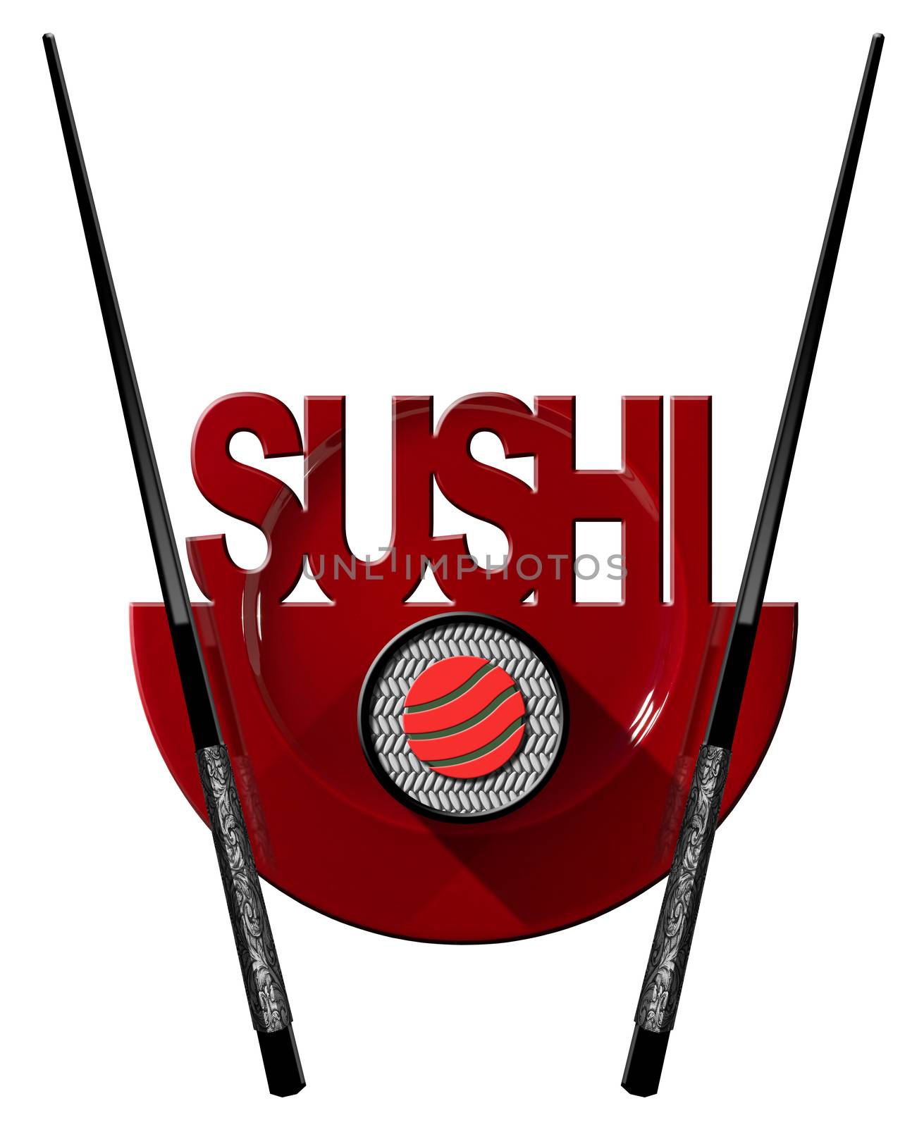 Sushi symbol with red plate, sushi roll, black and silver chopsticks and text Sushi. Isolated on white background