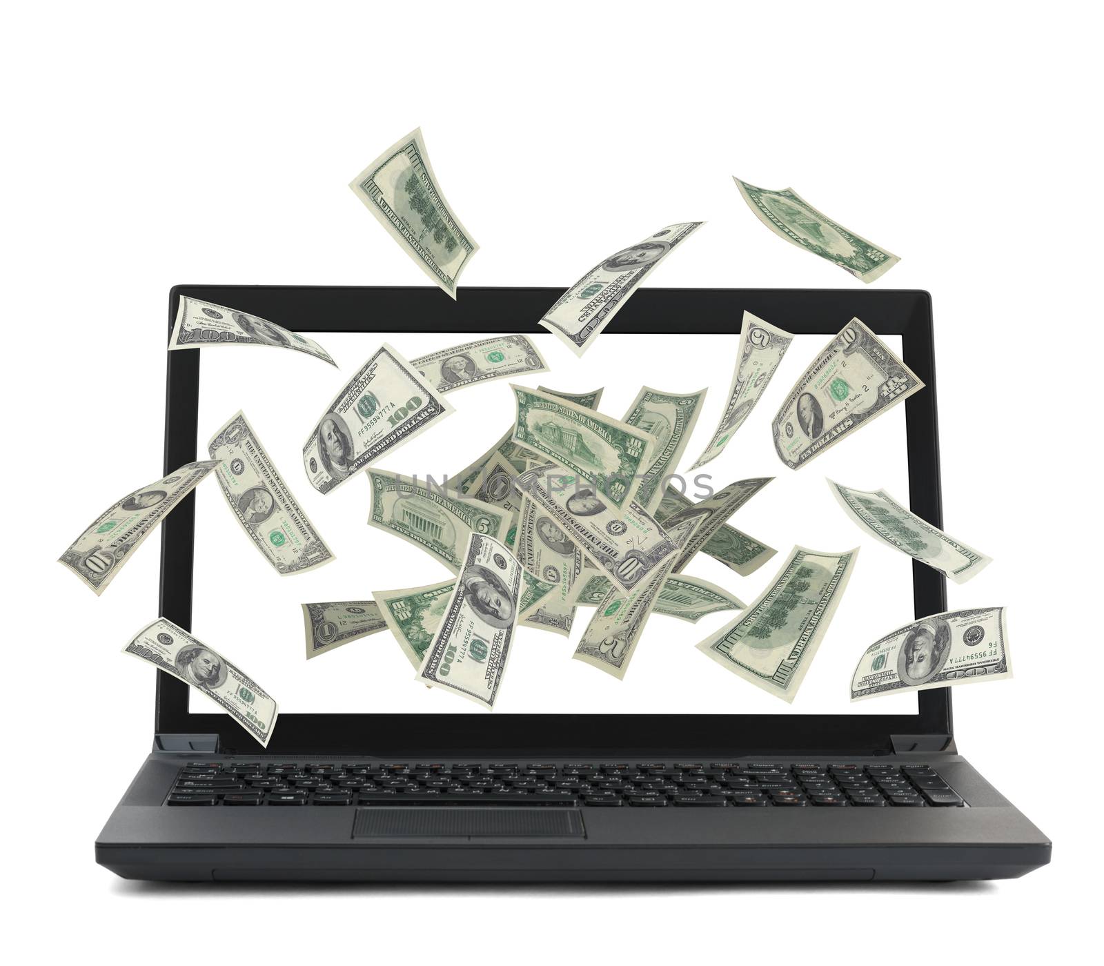 Black laptop with money flow on isolated white background